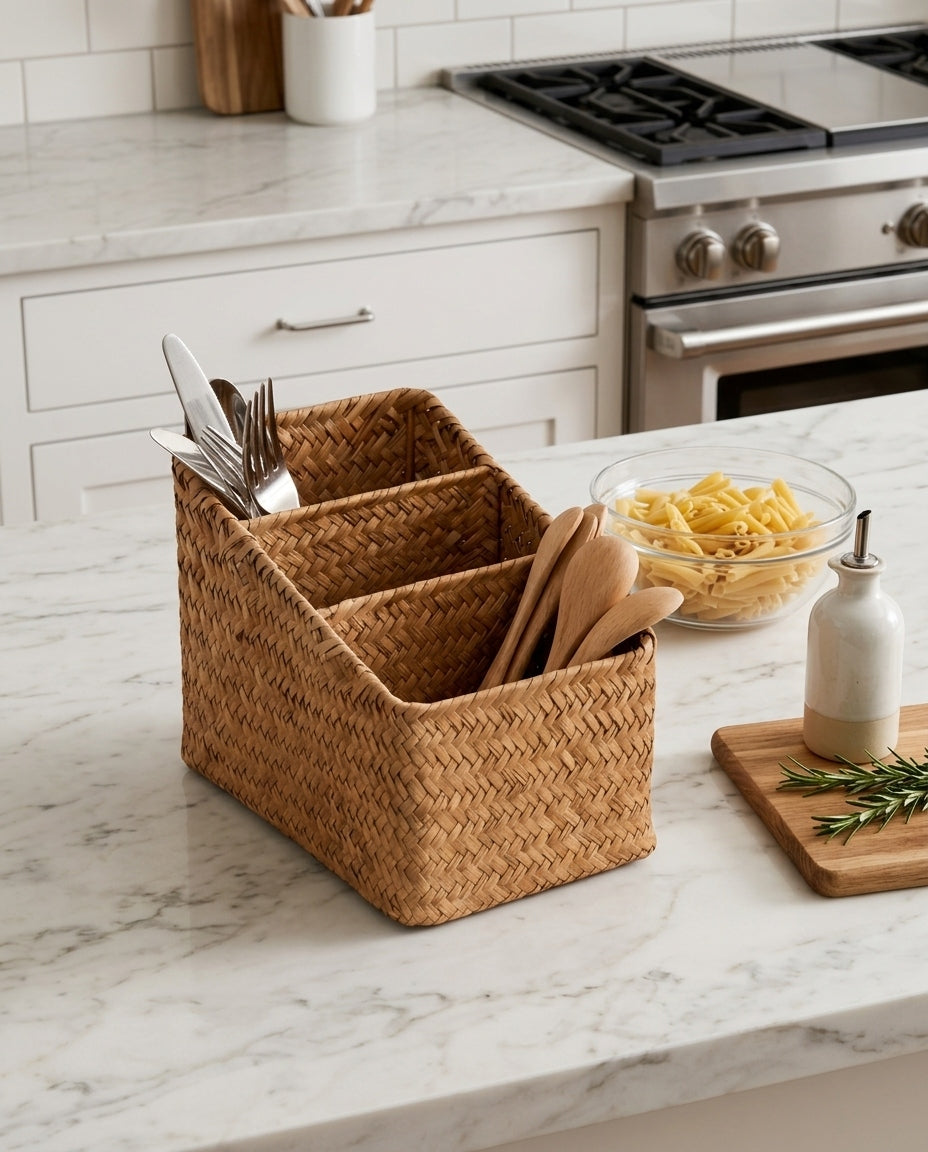 Rustic woven basket used for kitchen and dining room storage