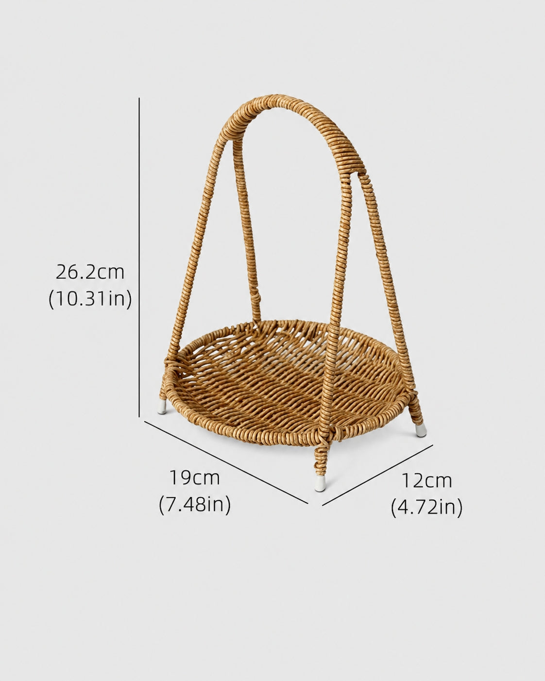 Aina one-tier faux rattan fruit tray size guide: 19 by 12 cm and 26.2 cm high