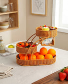 Algot faux rattan fruit and tissue storage stand styled on a kitchen counter