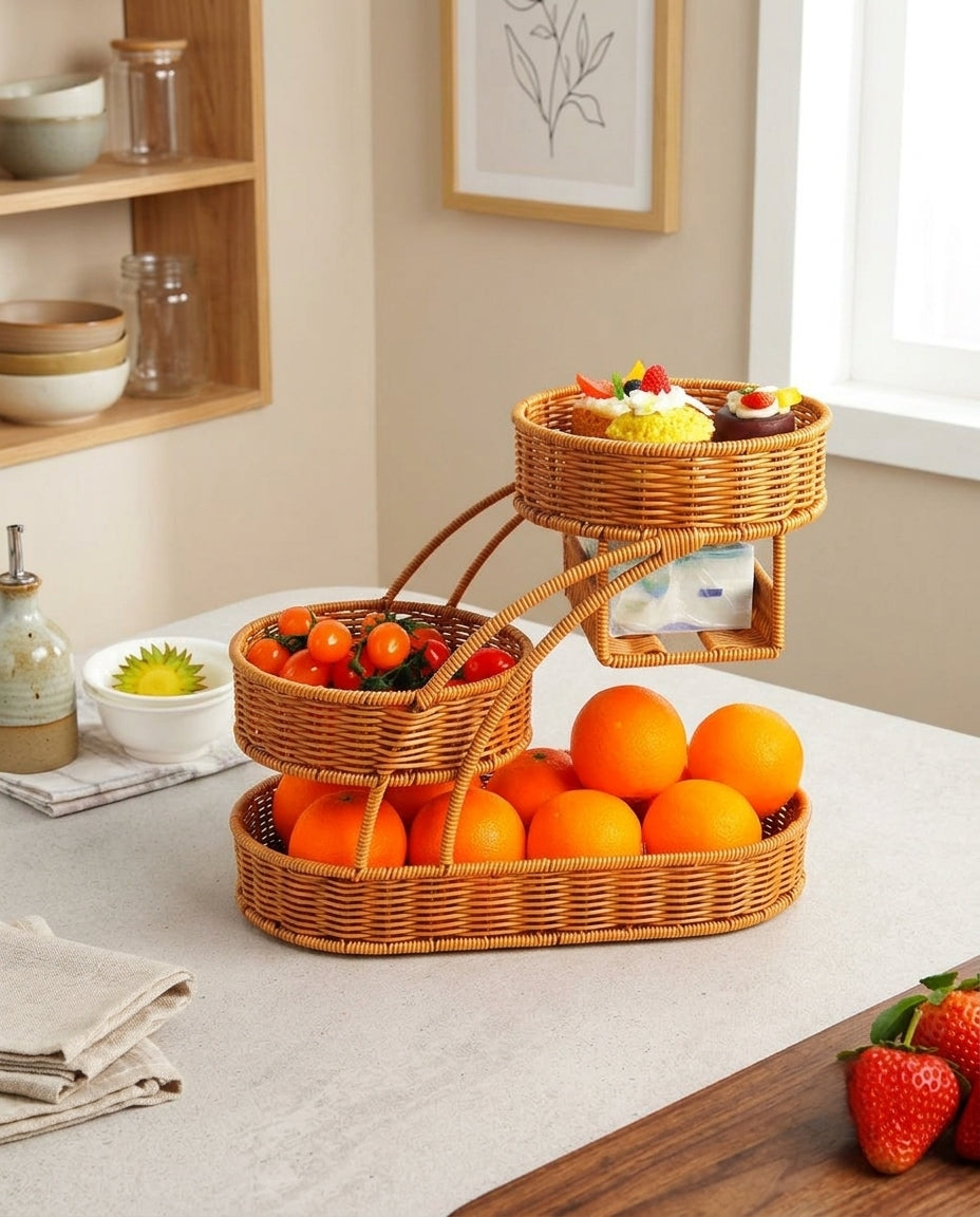 Algot faux rattan fruit and tissue storage stand styled on a kitchen counter