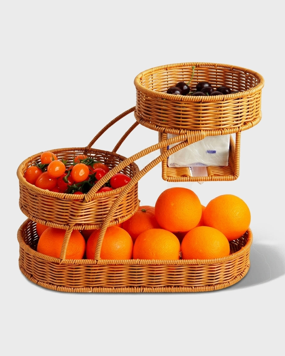 Algot faux rattan tiered fruit and tissue storage stand with fruit baskets and tissue holder