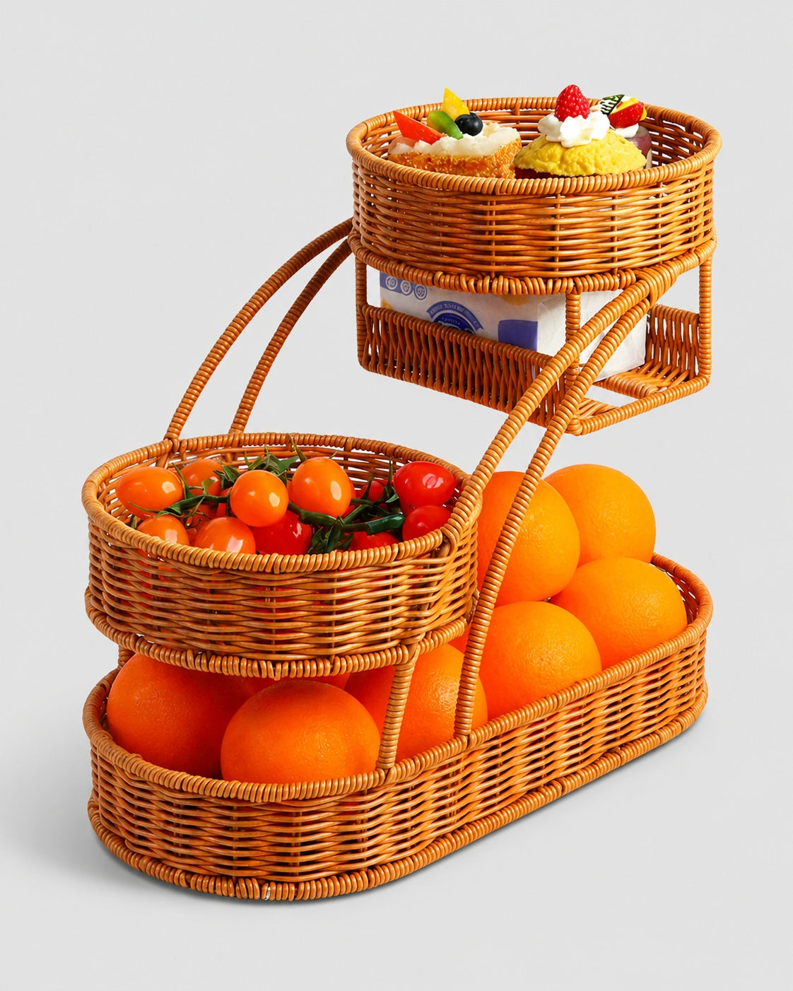 Algot tiered faux rattan storage stand holding fruit, snacks and tissues across three levels