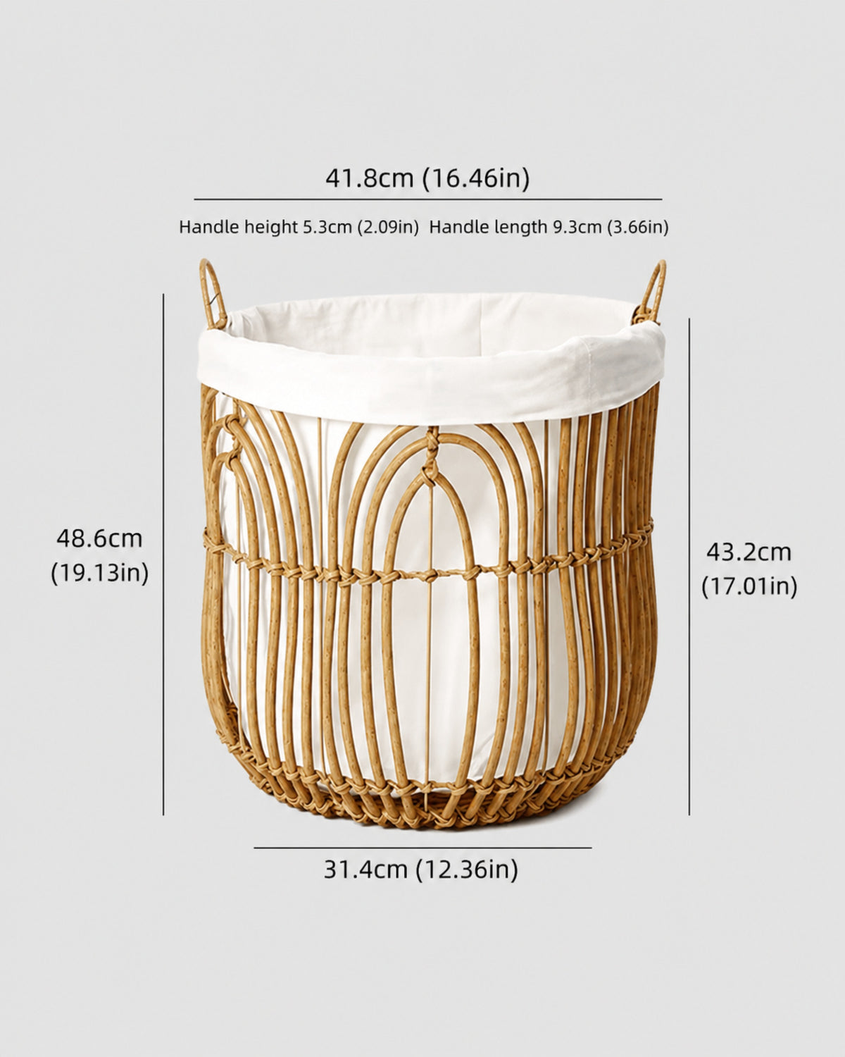 Large Aveline faux rattan laundry basket size guide: top 41.8 cm and body height 43.2 cm