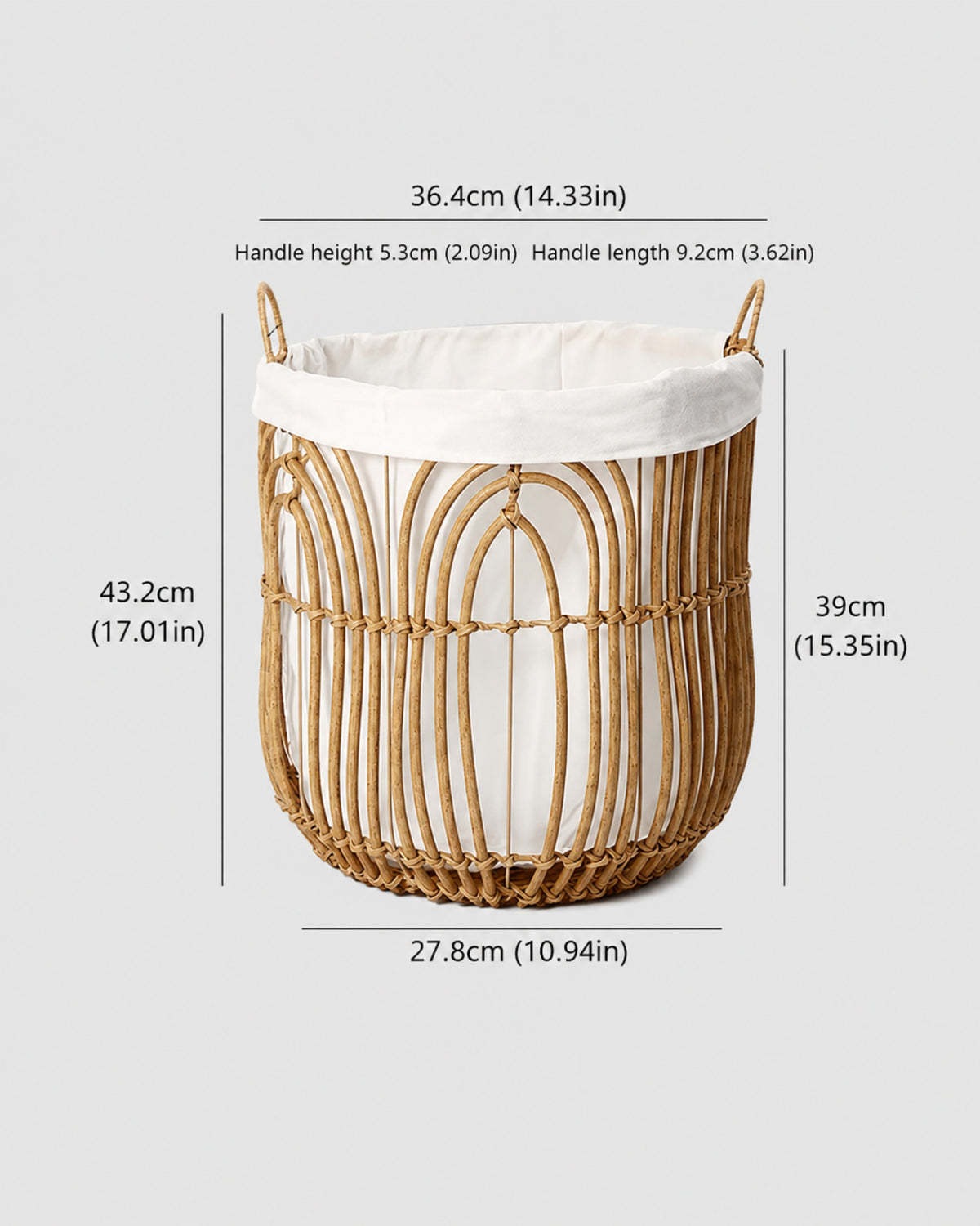Medium Aveline faux rattan laundry basket size guide: top 36.4 cm and body height 39 cm