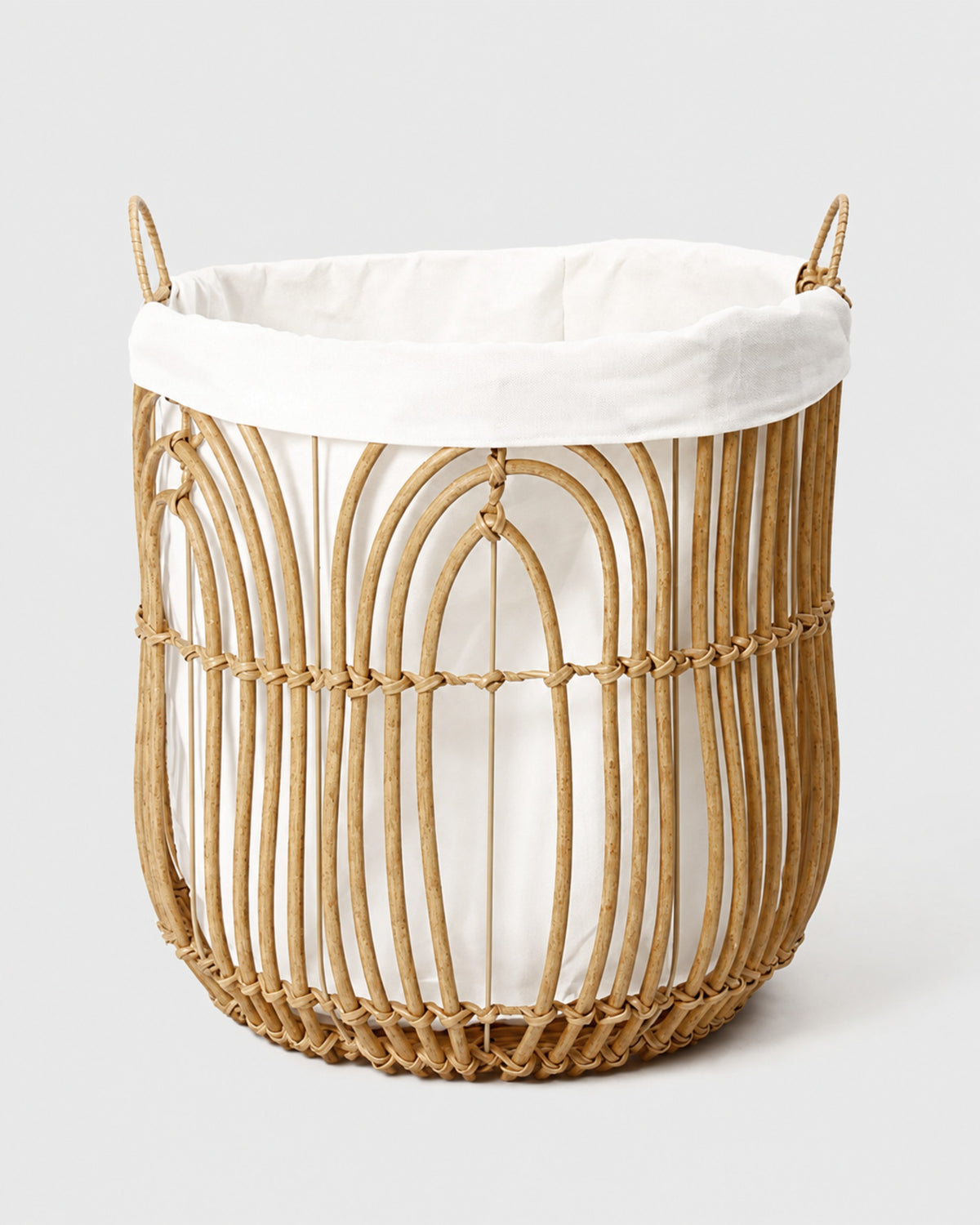 Aveline handwoven faux rattan openwork laundry basket with white fabric liner and loop handles