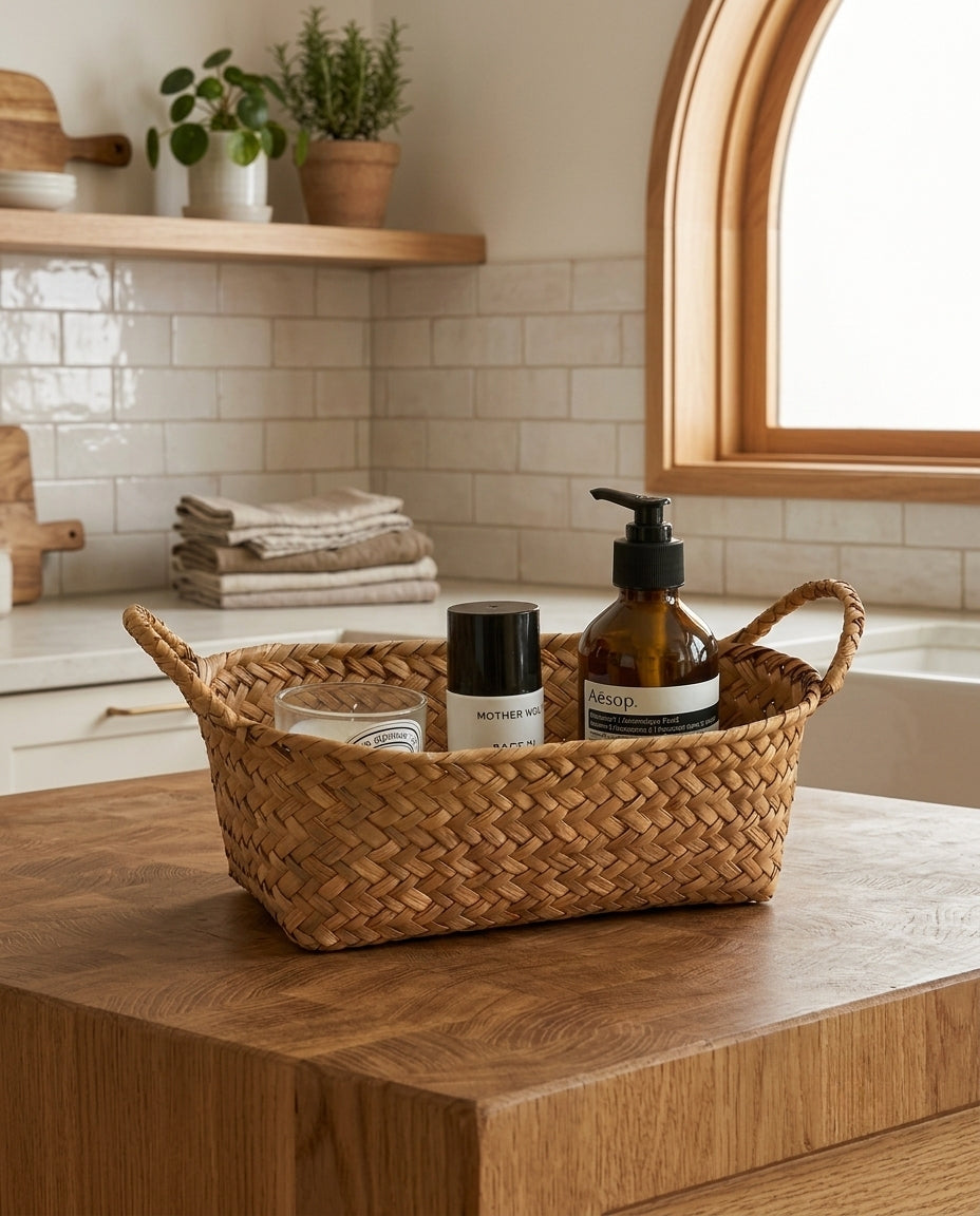 Birgit grass woven basket organising bath products on a dry bathroom counter