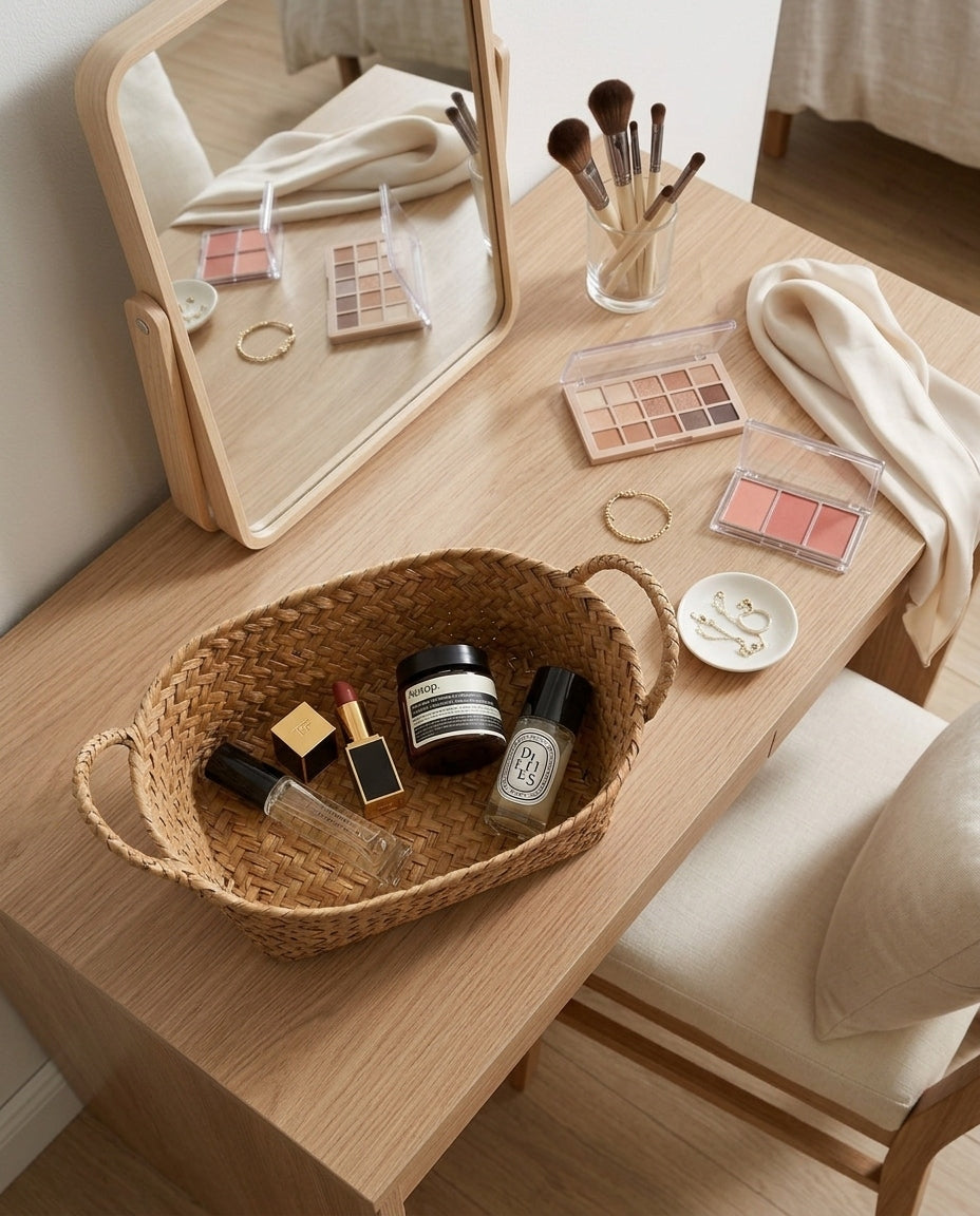 Birgit natural grass cosmetic storage basket holding perfume and makeup on a bedroom vanity
