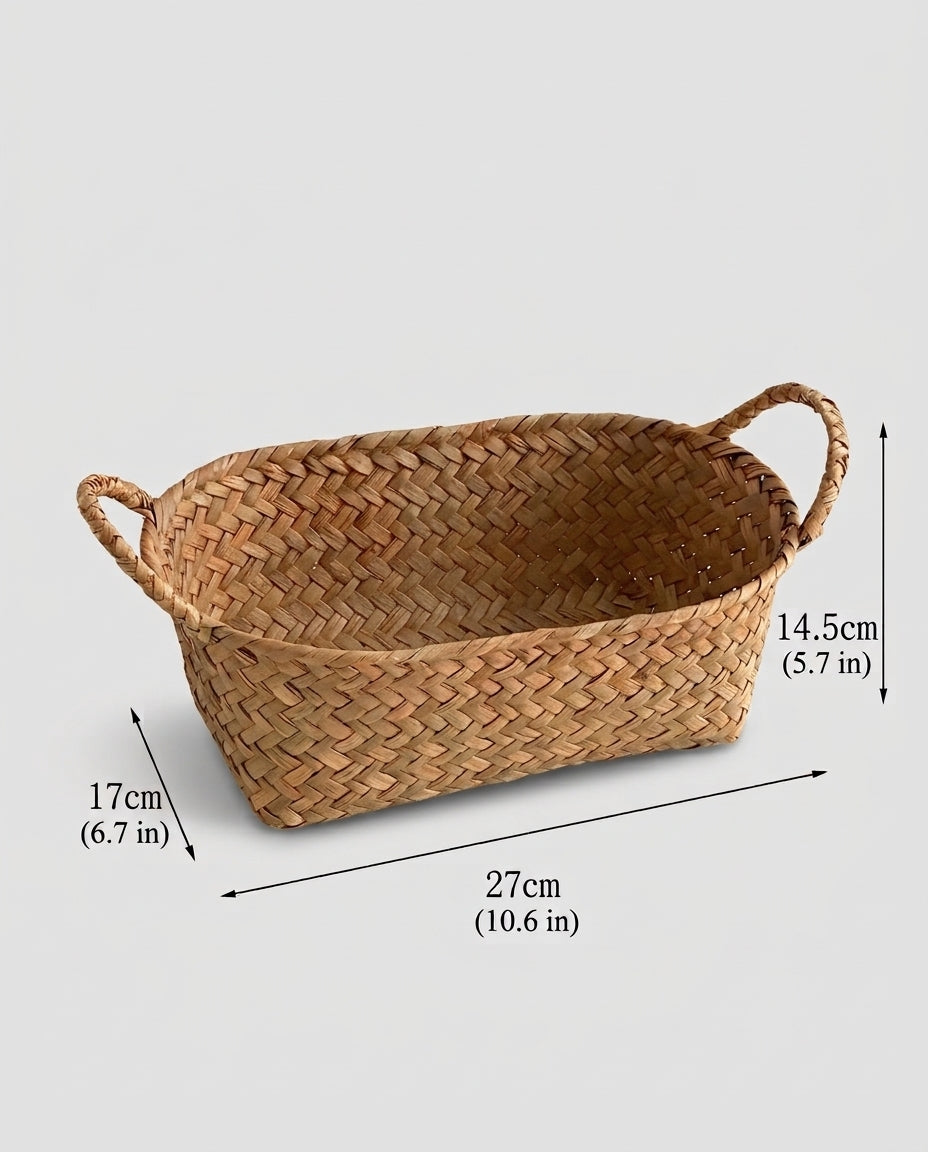 Large Birgit grass woven cosmetic basket size guide: 27 by 17 by 14.5 cm