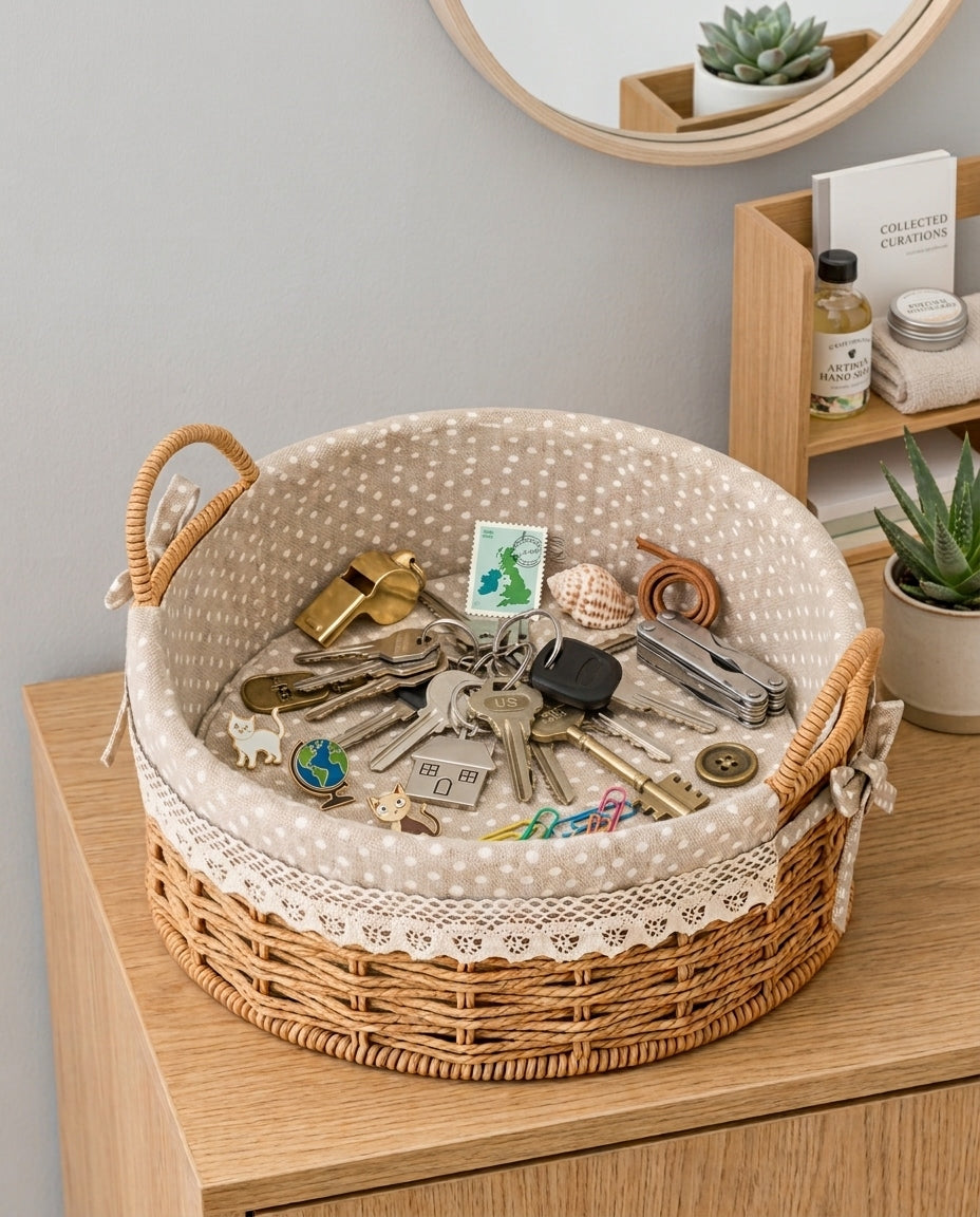 Bodil lined paper rope basket gathering keys and small daily essentials on an entryway table