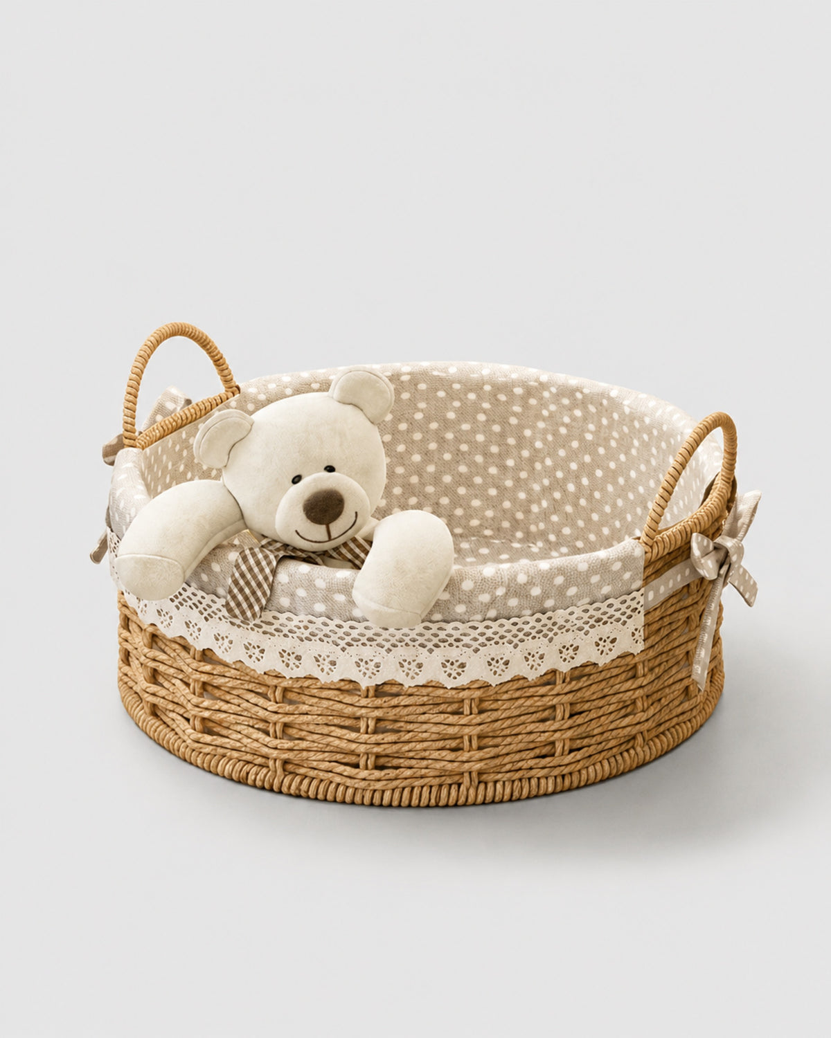 Bodil paper rope desk storage basket with polka-dot lining, lace trim and loop handles