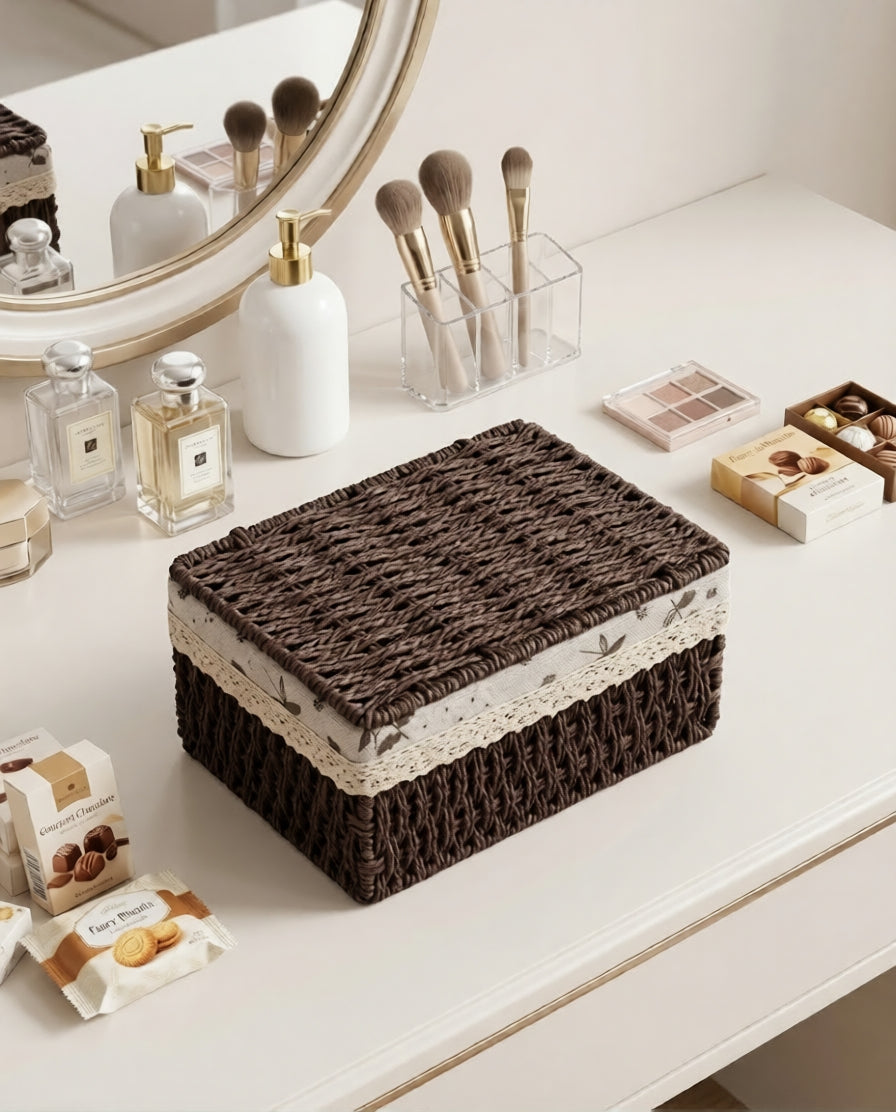 Dagny woven paper rope storage box with lid styled for cosmetics on a bedroom vanity