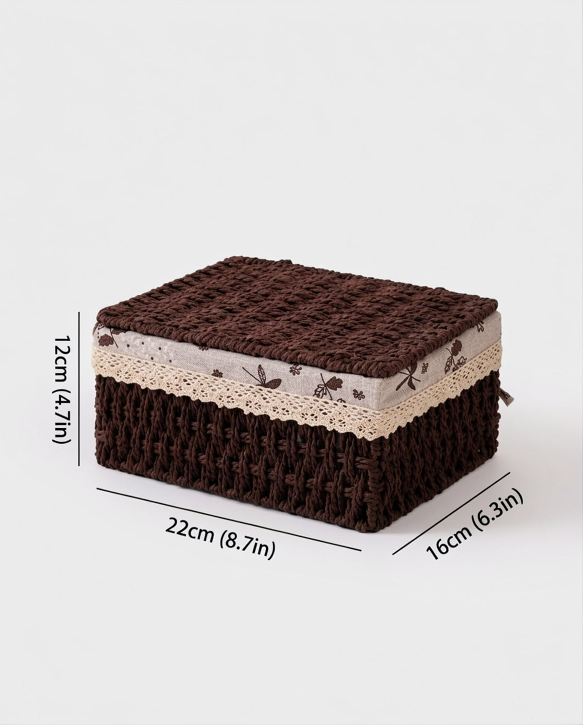 Medium Dagny lidded paper rope storage box size guide: 22 by 16 by 12 cm