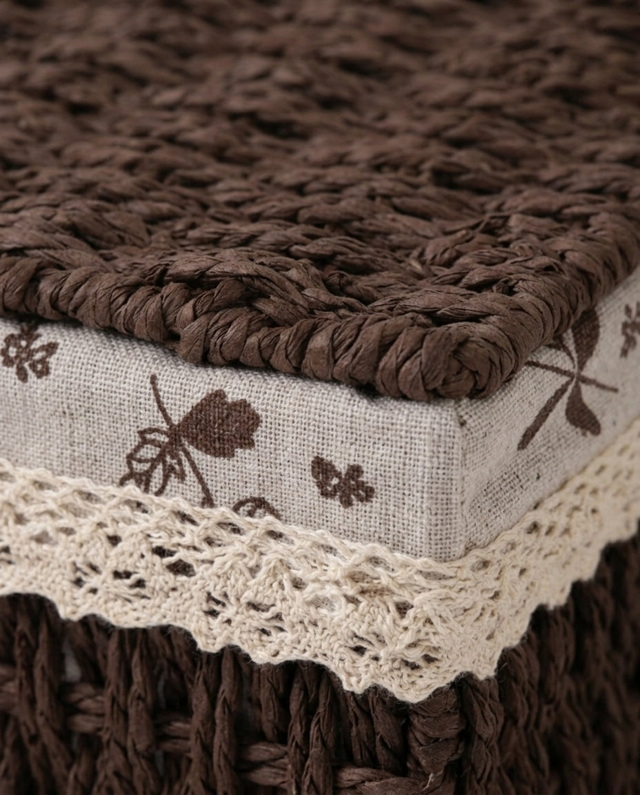Close-up of Dagny storage box’s woven paper rope lid, floral fabric band and lace trim
