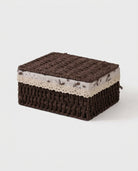 Dagny dark brown woven paper rope storage box with fitted lid and floral fabric trim