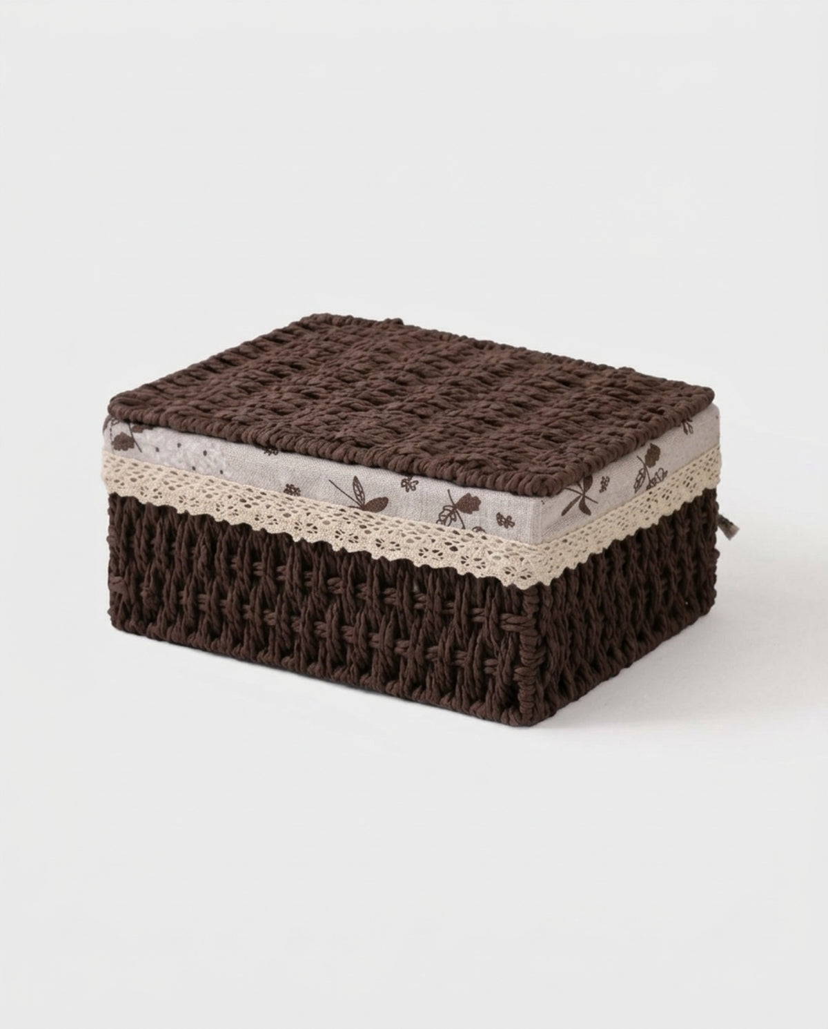 Dagny dark brown woven paper rope storage box with fitted lid and floral fabric trim