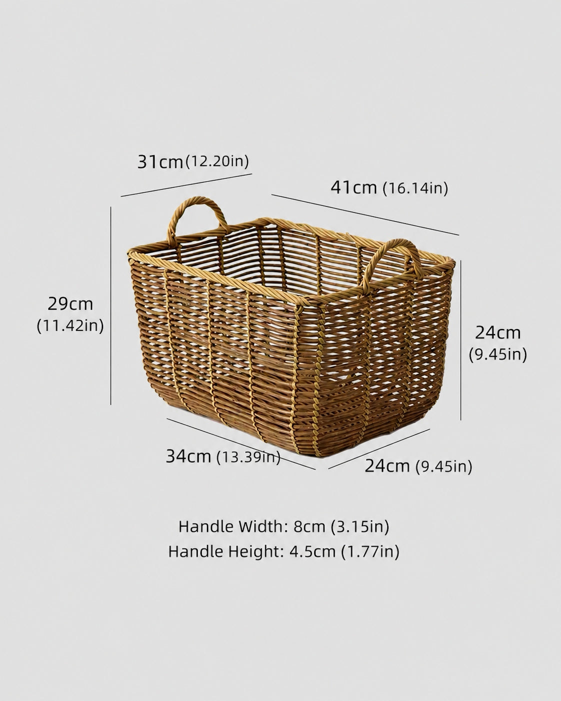 Large Edda faux rattan handle basket size guide: top 41 by 31 cm and 29 cm overall height