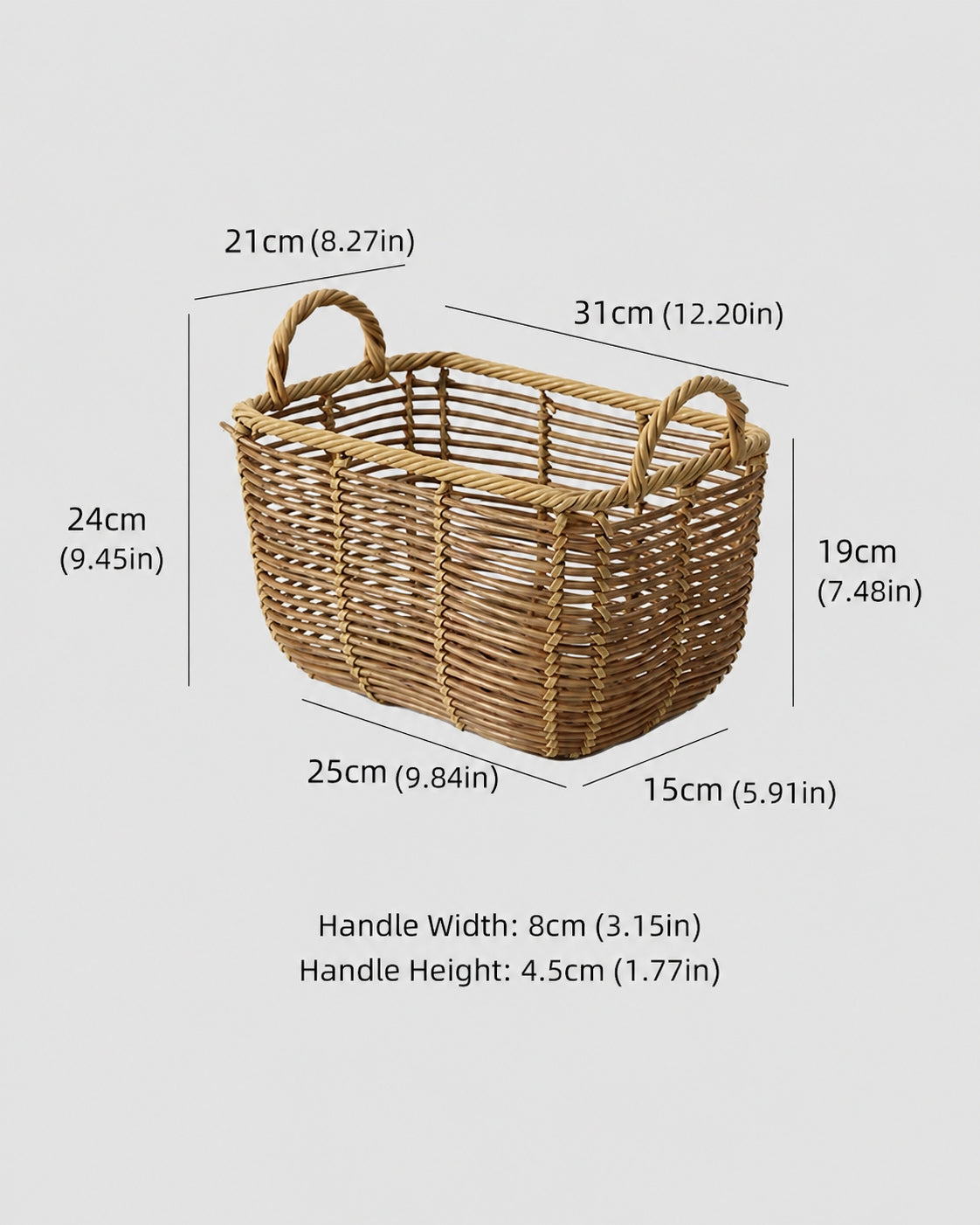 Medium Edda faux rattan handle basket size guide: top 31 by 21 cm and 24 cm overall height