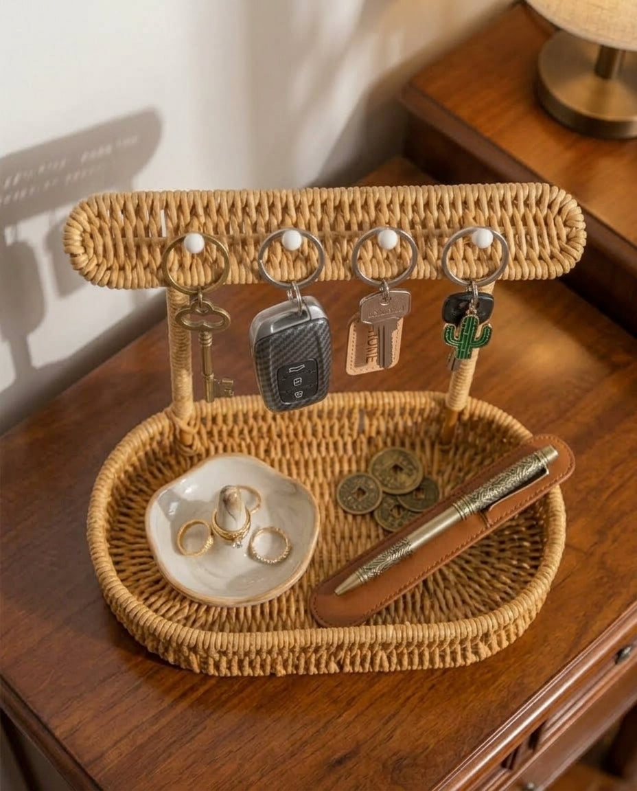 Einar woven key holder with keys, coins and jewellery arranged in its tray