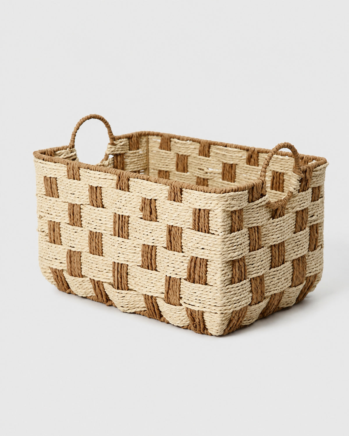 Elsa handwoven paper rope storage basket with integrated side handles and two-tone woven pattern