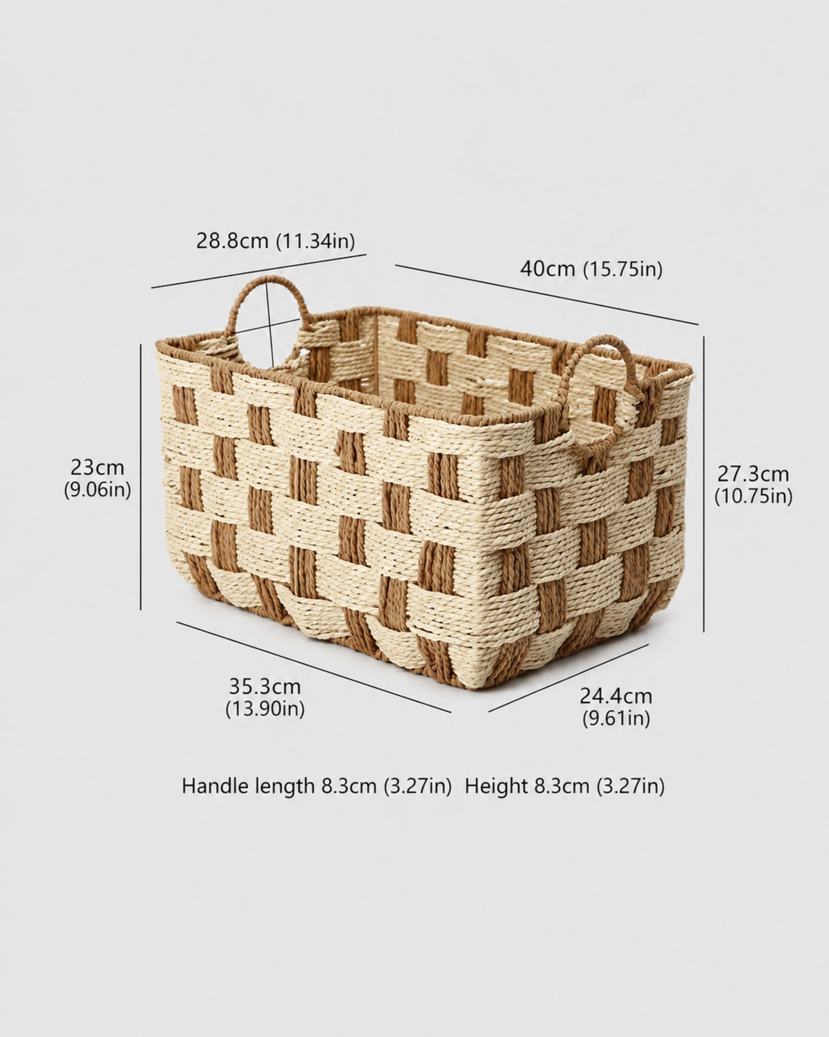 Large Elsa paper rope storage basket size guide with opening, base and handle measurements