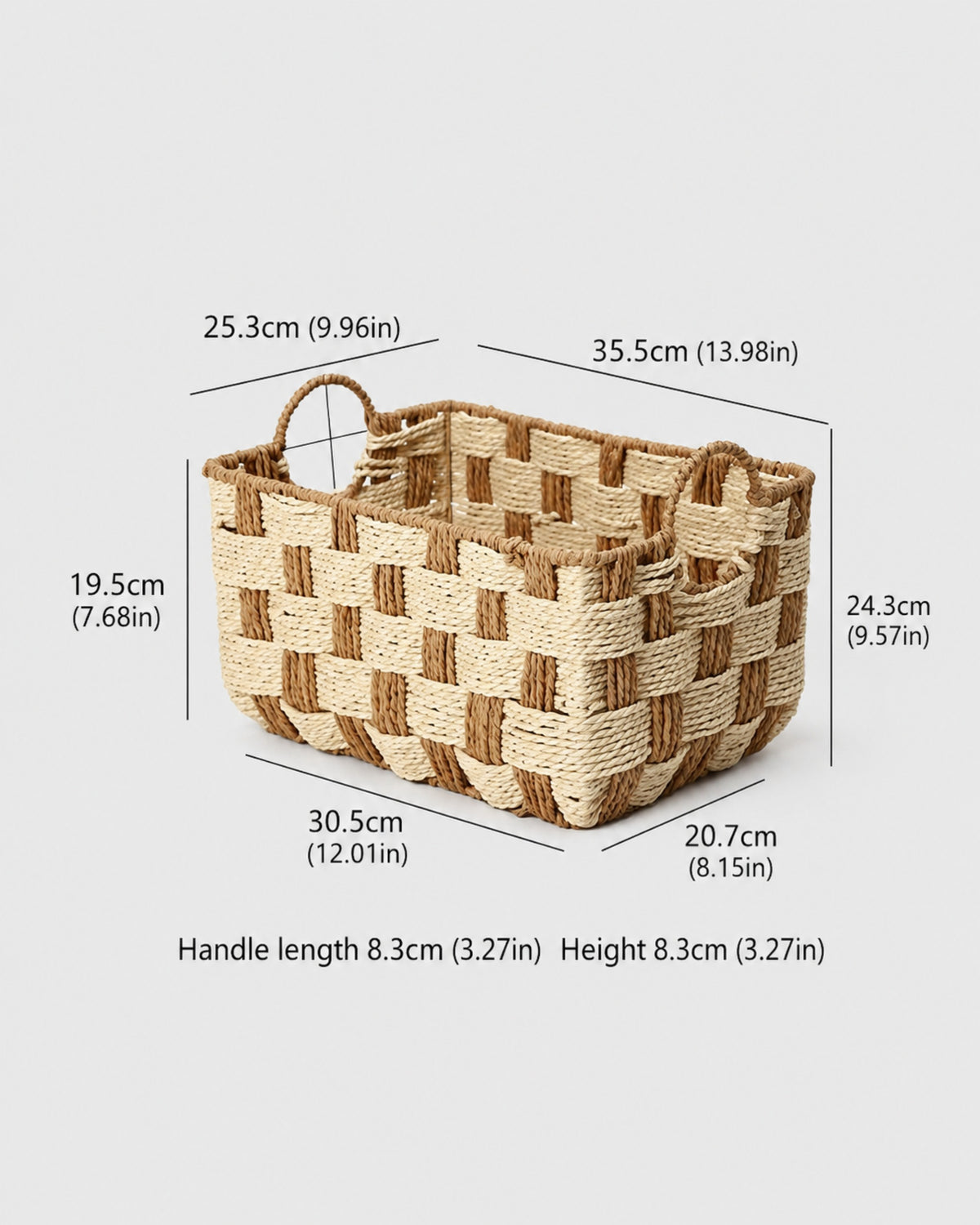 Medium Elsa paper rope storage basket size guide with opening, base and handle measurements
