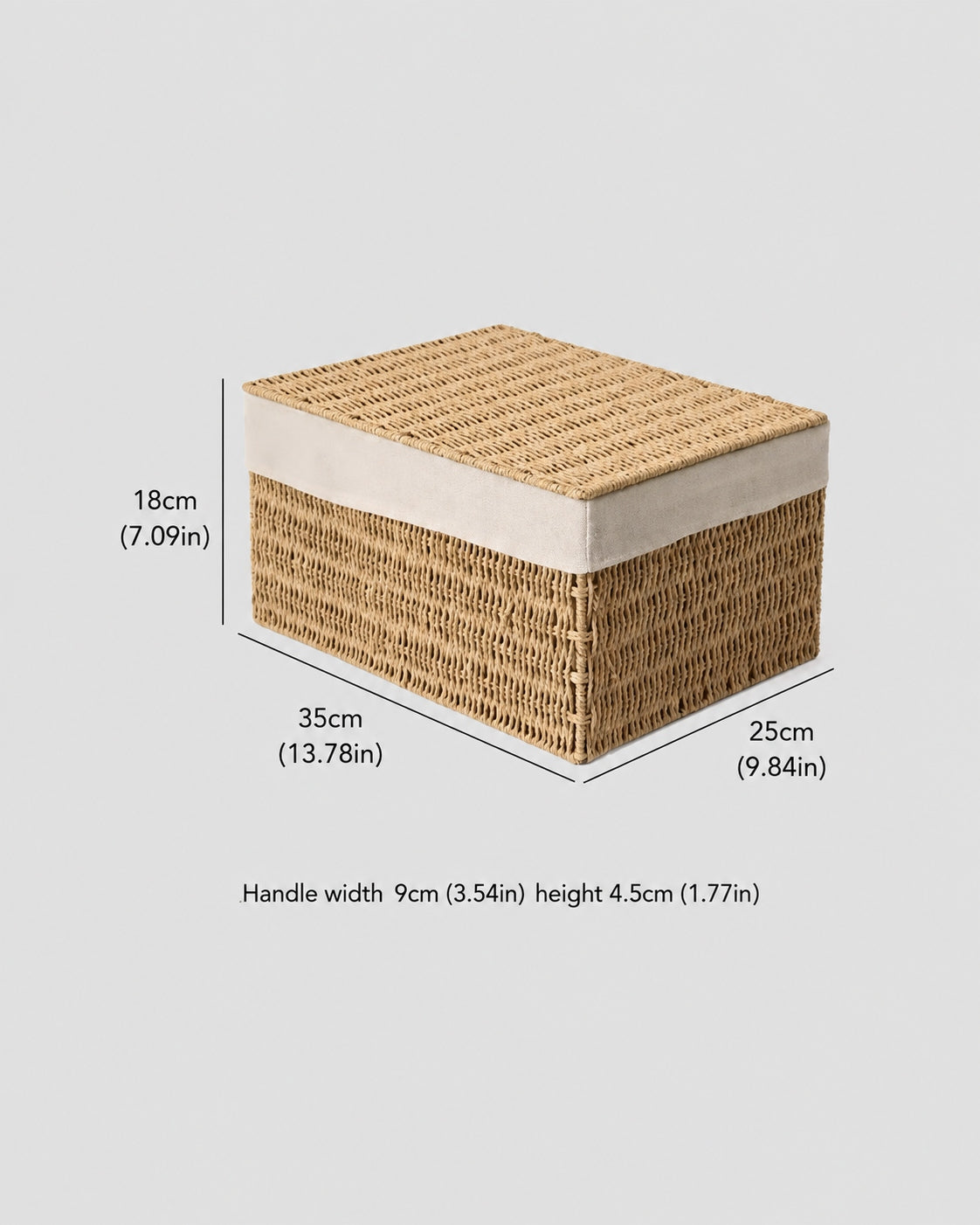 Medium Elva paper rope lidded storage box size guide: 35 by 25 by 18 cm