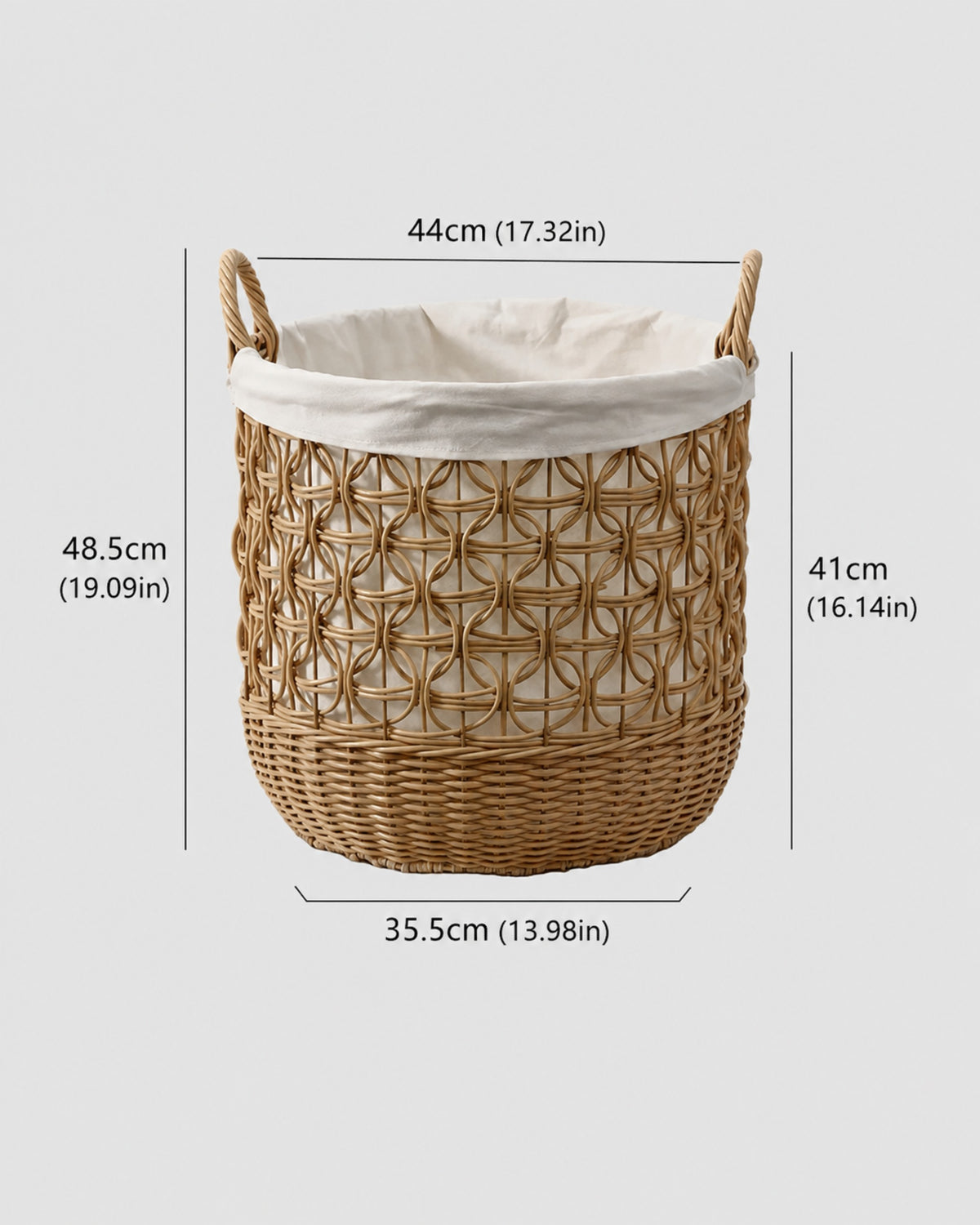 Large Esme faux rattan lined laundry basket size guide: top 44 cm and body height 41 cm
