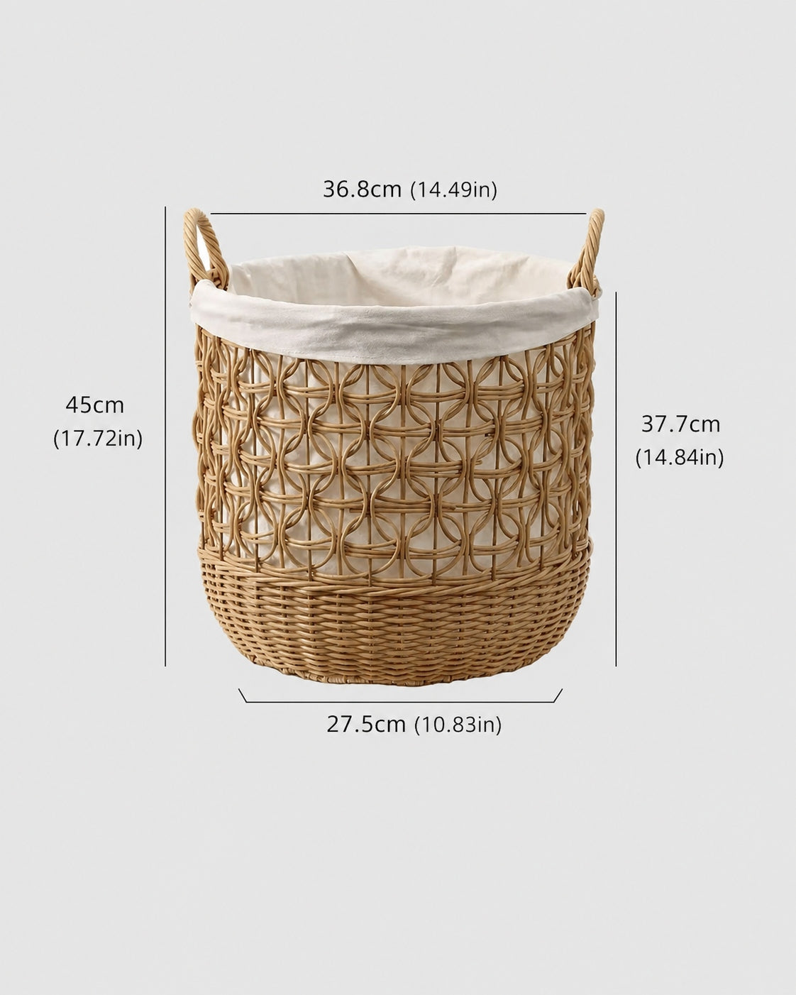 Medium Esme faux rattan lined laundry basket size guide: top 36.8 cm and body height 37.7 cm