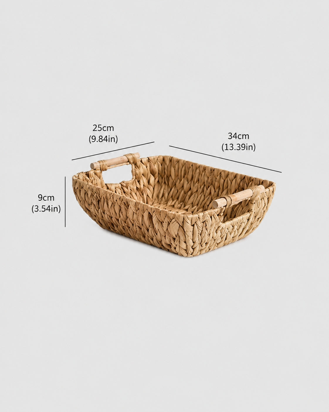 Large Hedda grass woven bathroom basket size guide: 34 by 25 by 9 cm