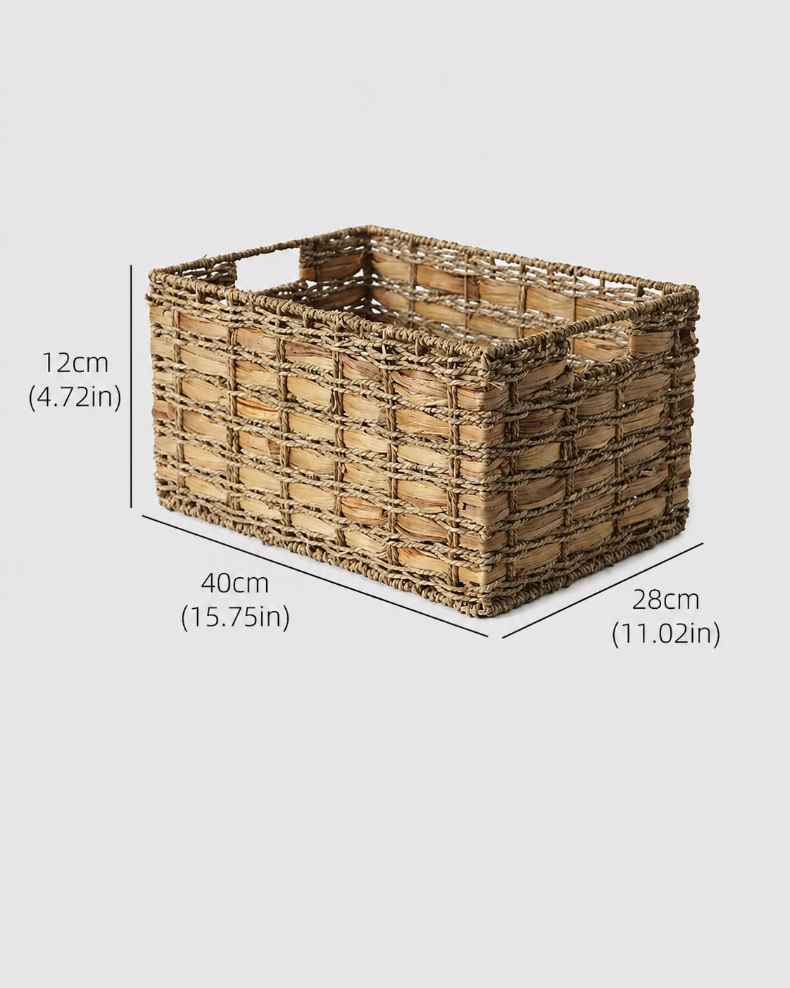 Large Inga grass woven desktop storage basket size guide: 40 by 28 by 12 cm
