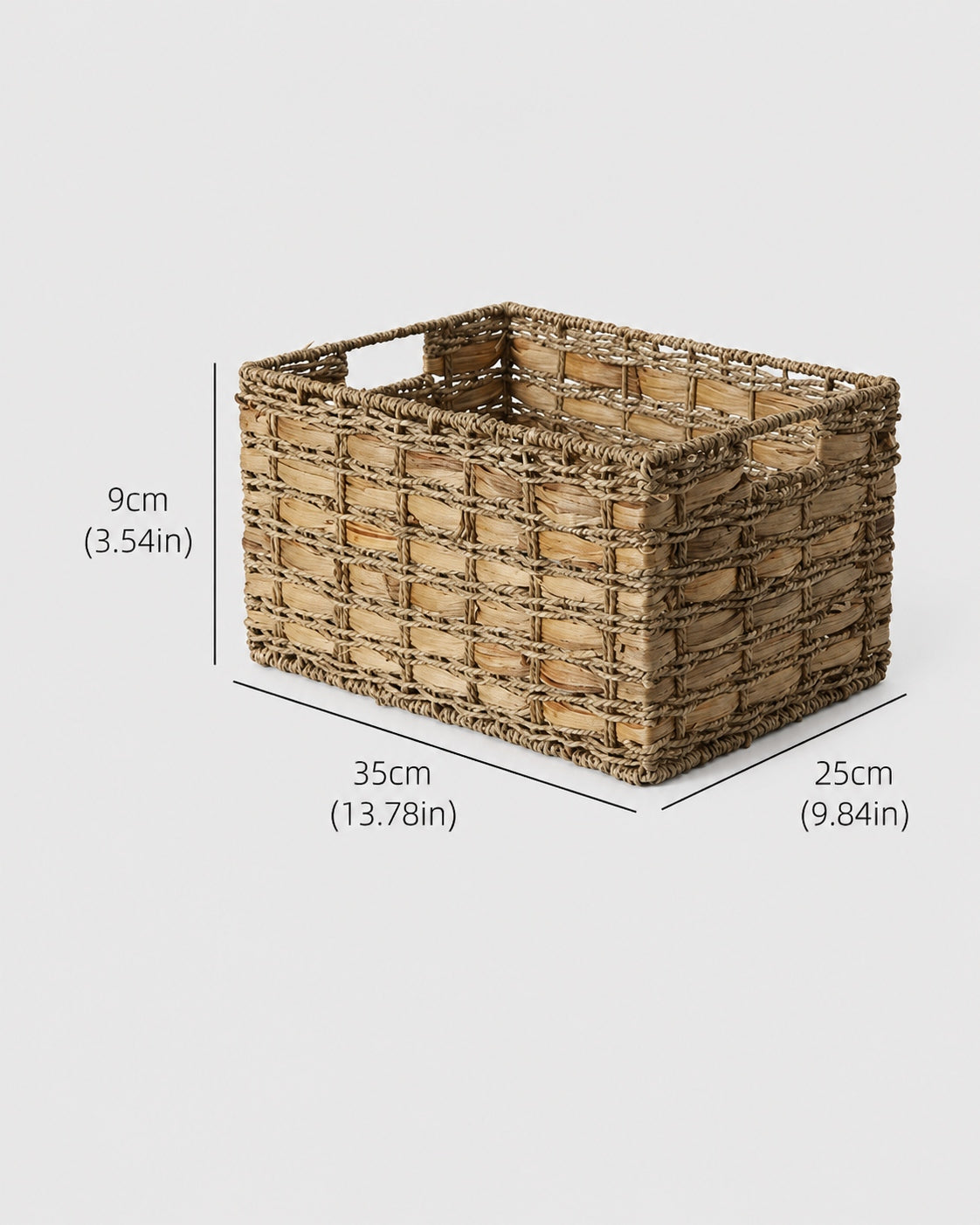 Medium Inga grass woven desktop storage basket size guide: 35 by 25 by 9 cm