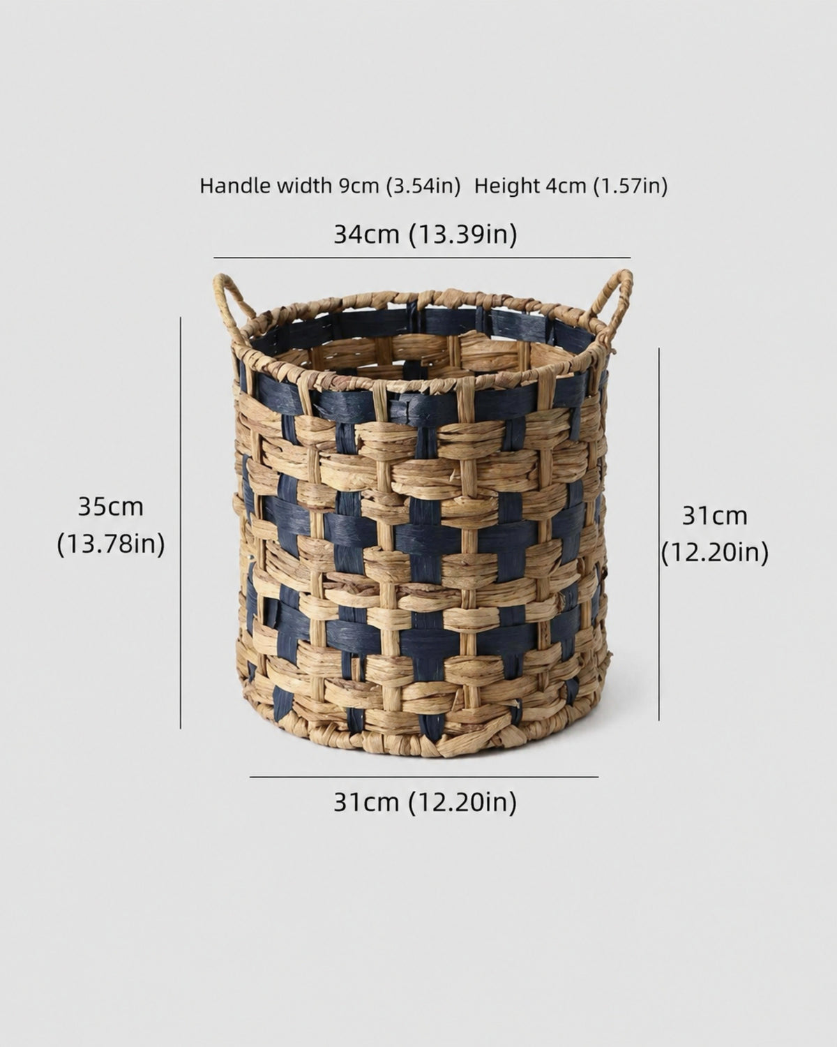 Large Iris two-tone grass laundry basket size guide: top 34 cm and body height 31 cm