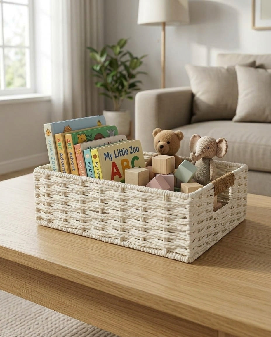 Kaja white paper rope toy basket holding children’s books, blocks and soft toys in a living room