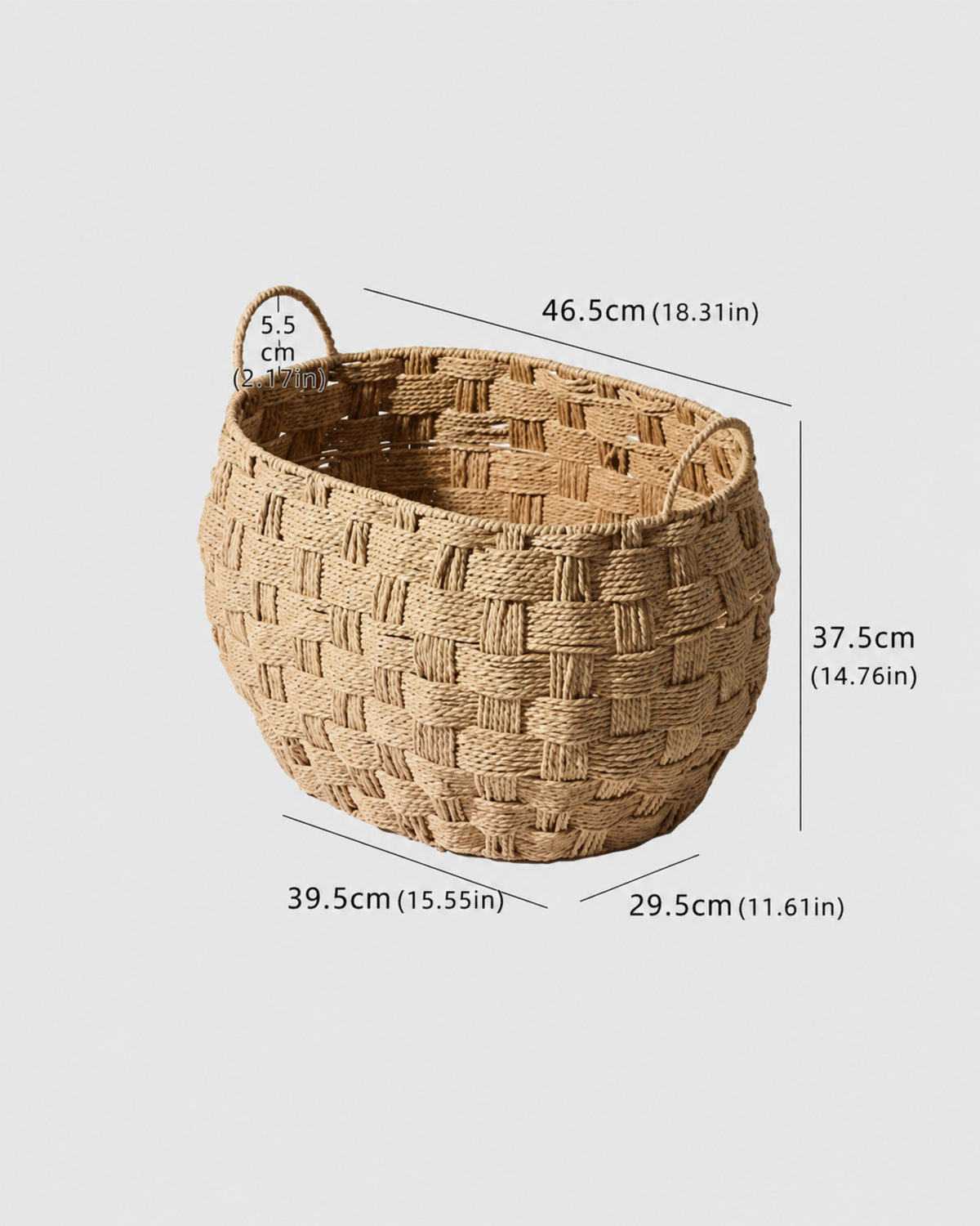 Extra Large Kari paper rope bathroom basket size guide: top length 46.5 cm and 37.5 cm high