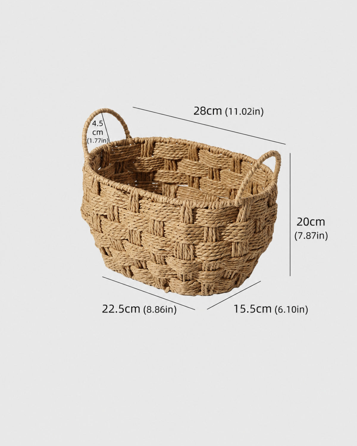 Small Kari paper rope bathroom basket size guide: top length 28 cm and 20 cm high