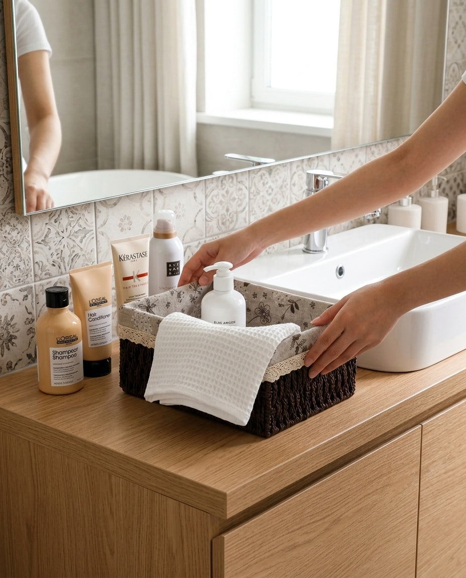 Kerstin woven storage basket organising hand-care products and a towel on a bathroom counter