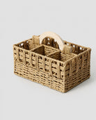 Lina handwoven natural paper rope remote caddy with four divided compartments and a wooden handle