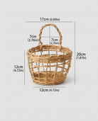 Lumi faux rattan hanging kitchen basket size guide showing a 17 cm top width, 12 cm base width and body height, and 20 cm overall height including the handle