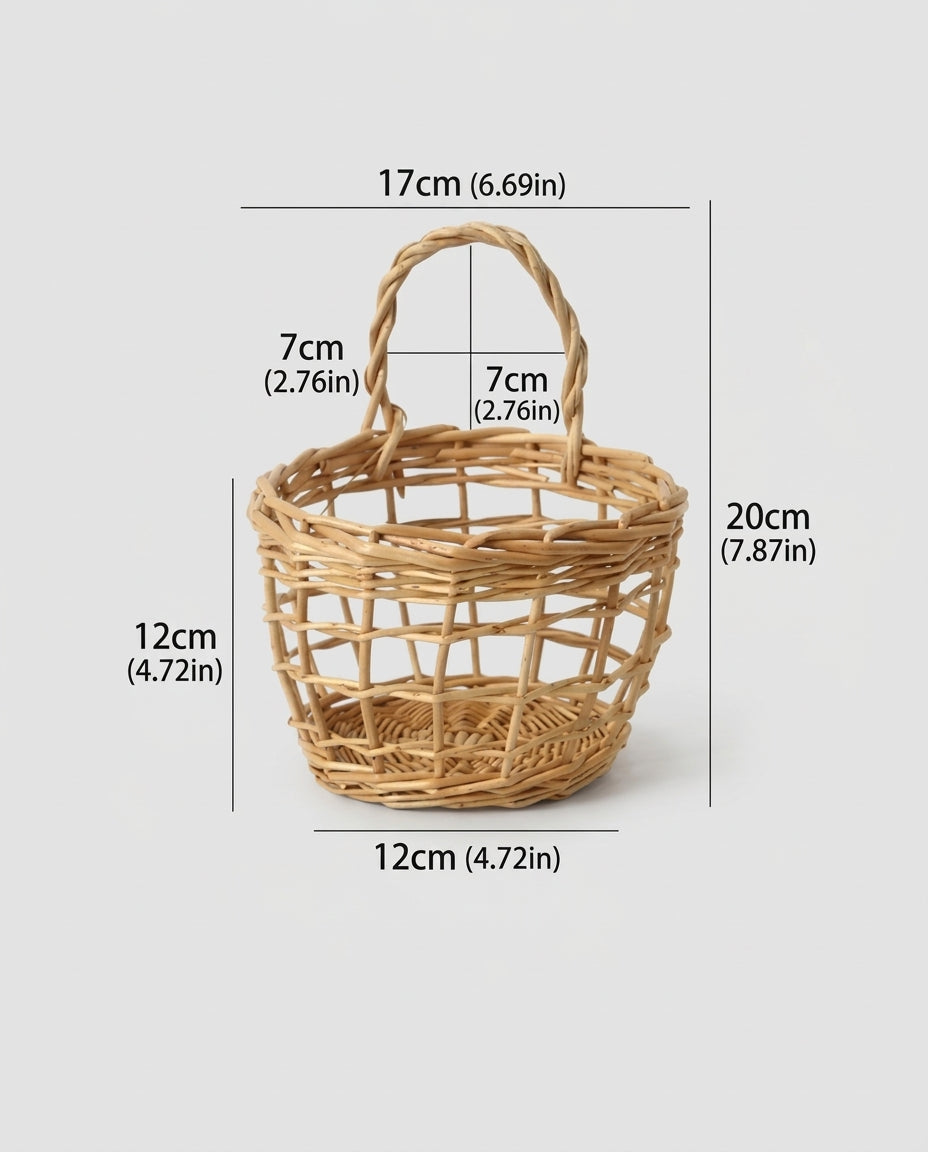 Lumi faux rattan hanging kitchen basket size guide showing a 17 cm top width, 12 cm base width and body height, and 20 cm overall height including the handle