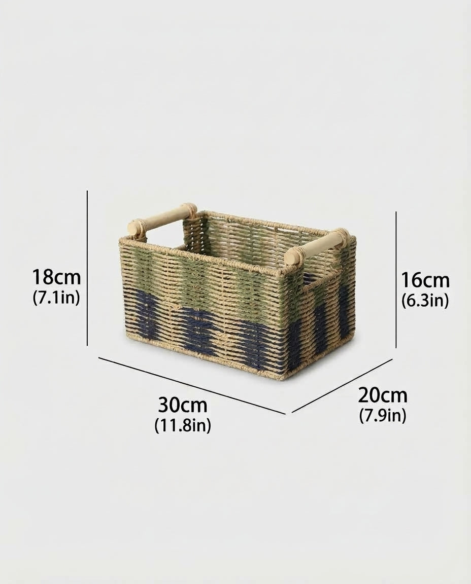 Small Maja paper rope storage basket size guide: 30 by 20 by 16 cm