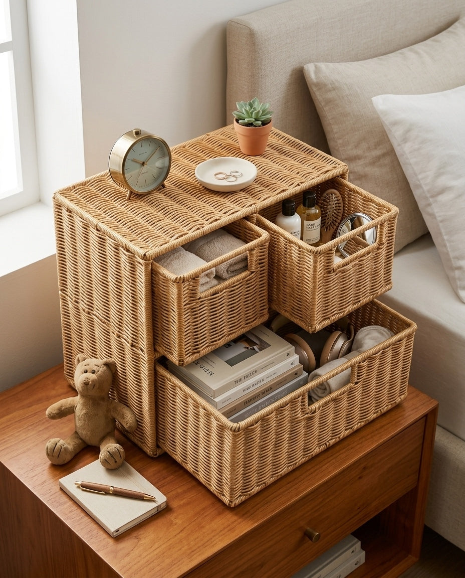 Mikkel faux rattan drawer cabinet organising towels, skincare and accessories beside a bed