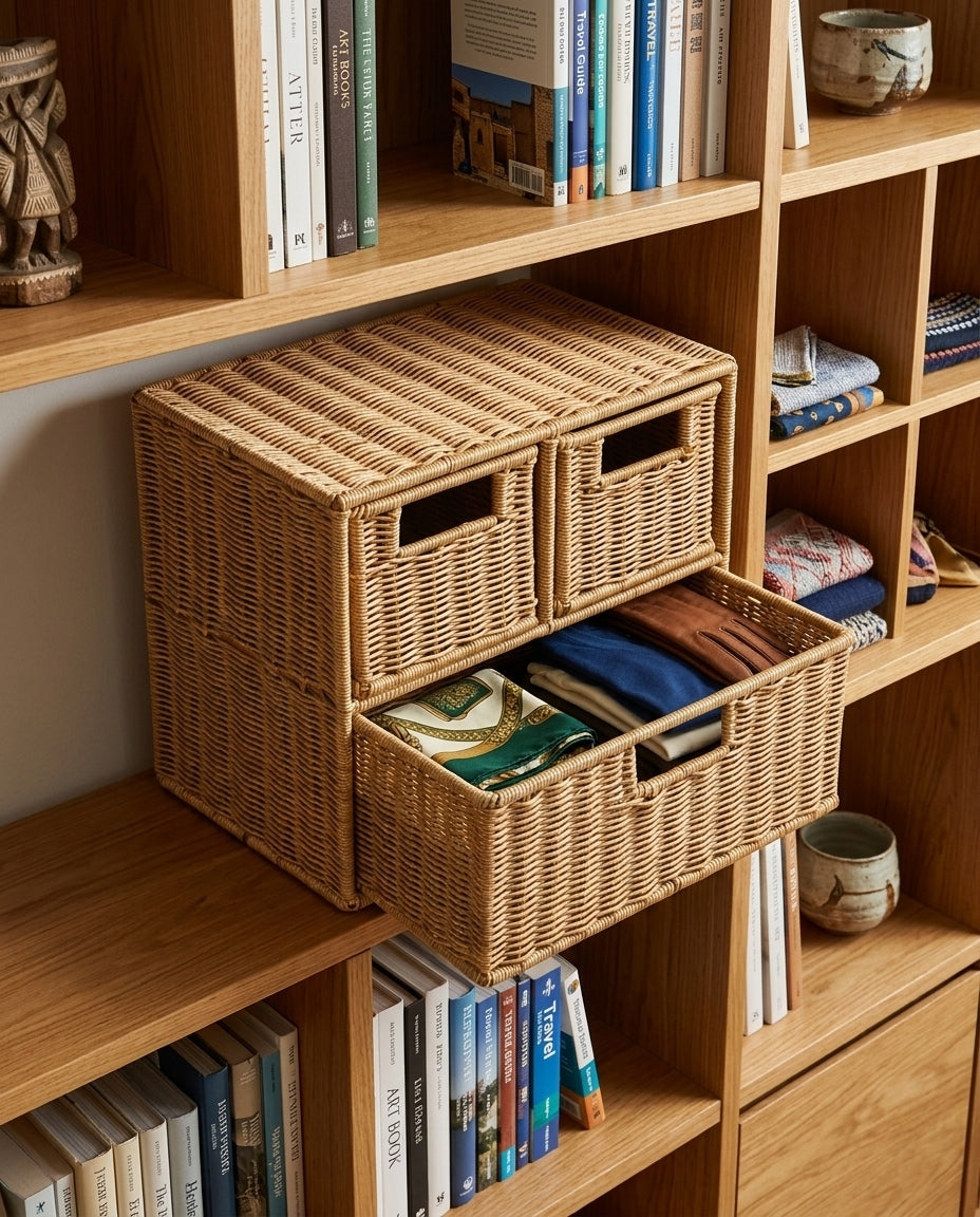 Mikkel faux rattan drawer storage cabinet holding folded clothing and accessories on a bookcase shelf