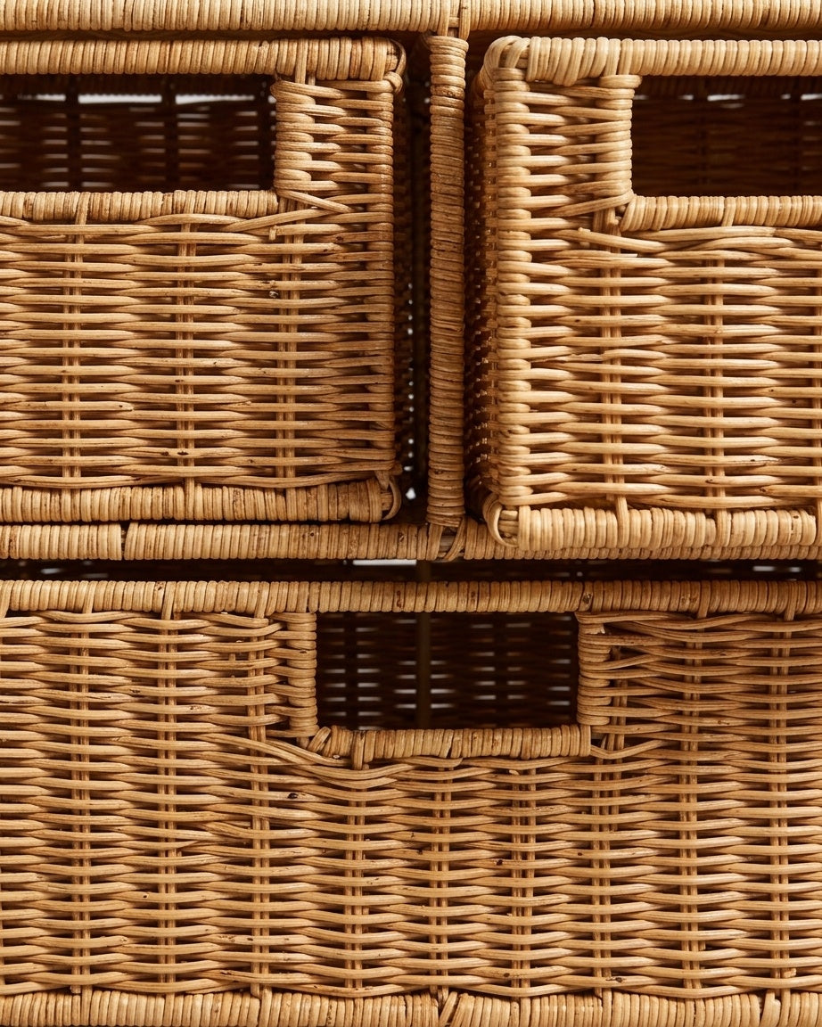 Close-up of Mikkel storage cabinet’s woven faux rattan drawer fronts and pull openings