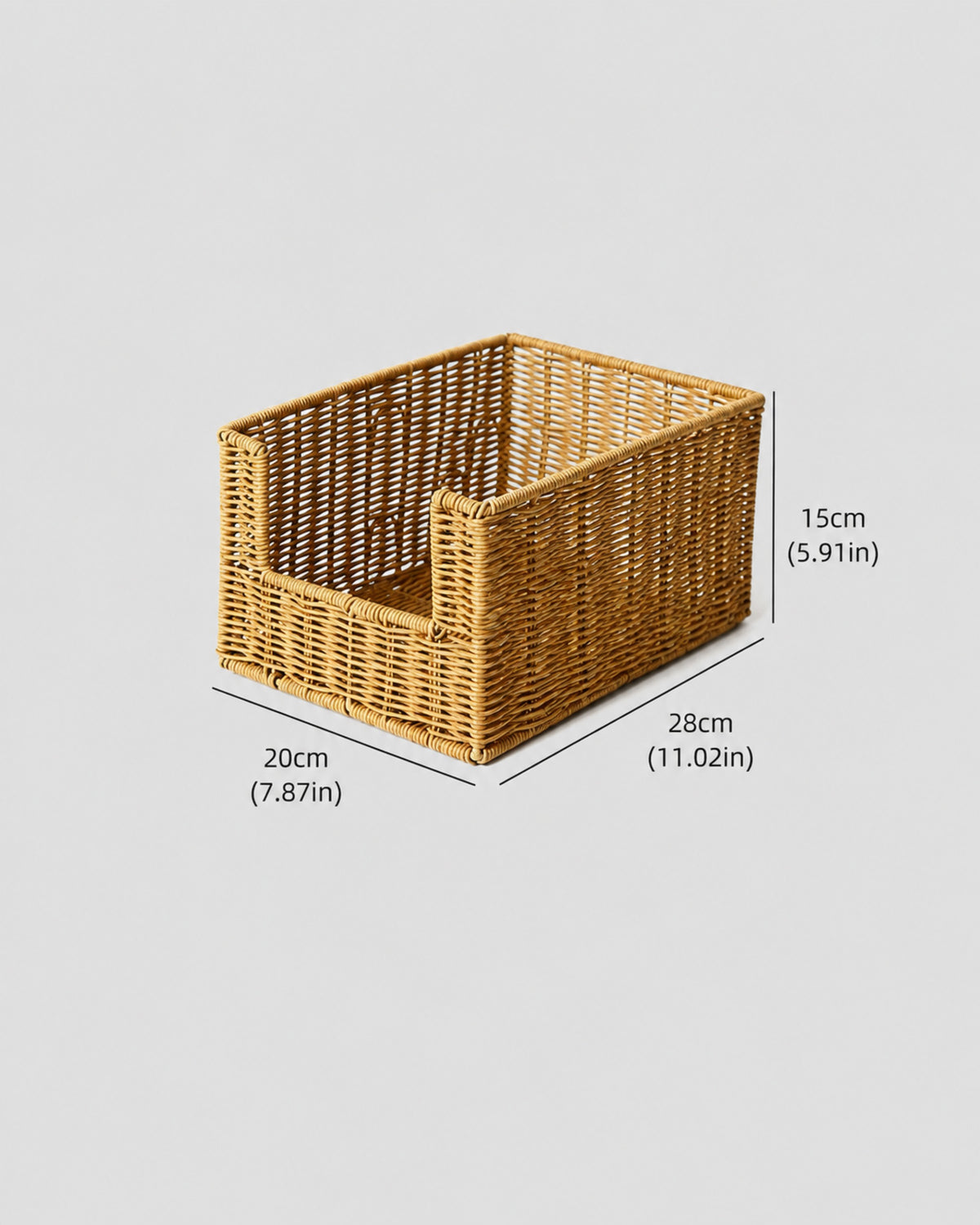 Large Mila faux rattan open-front snack basket size guide: 28 by 20 by 15 cm