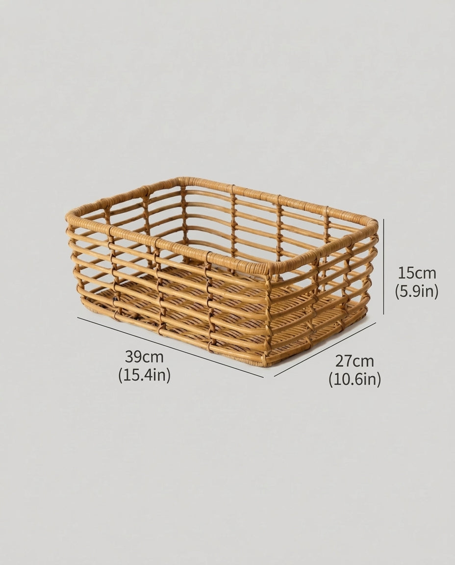 Large Mira faux rattan storage basket size guide: 39 by 27 cm and 15 cm high