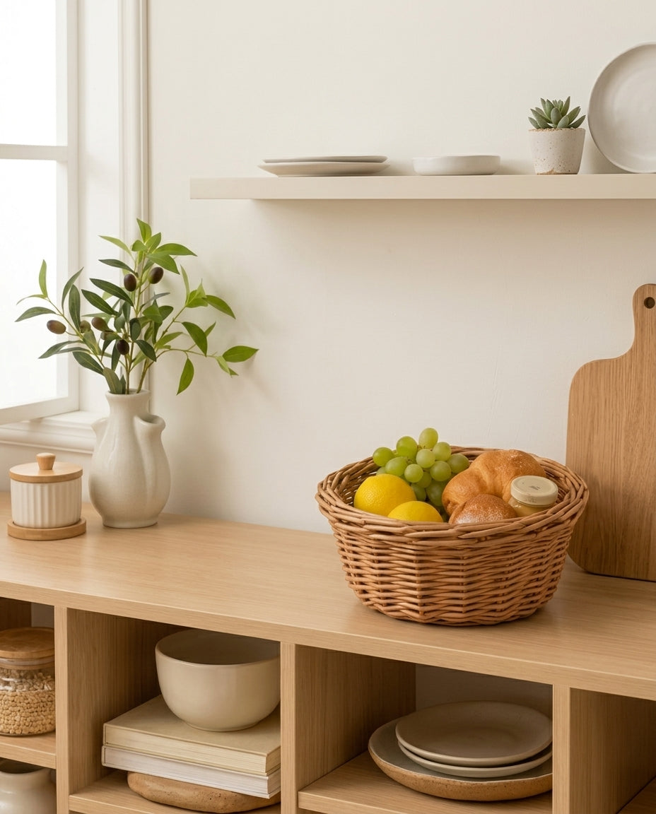 Mona faux rattan fruit storage basket holding fruit and packaged bread on a kitchen shelf