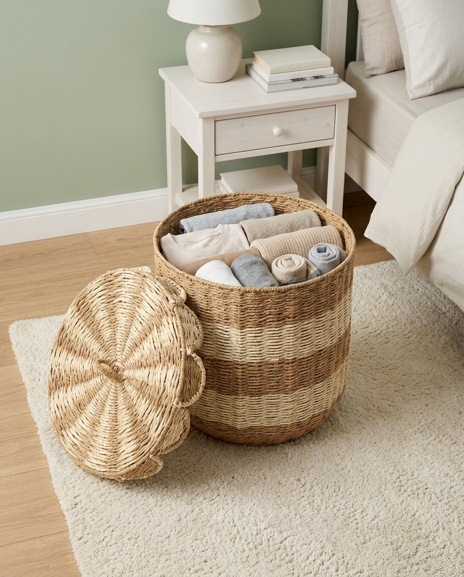 Noa lidded paper rope hamper storing clean clothes and rolled socks beside a bed