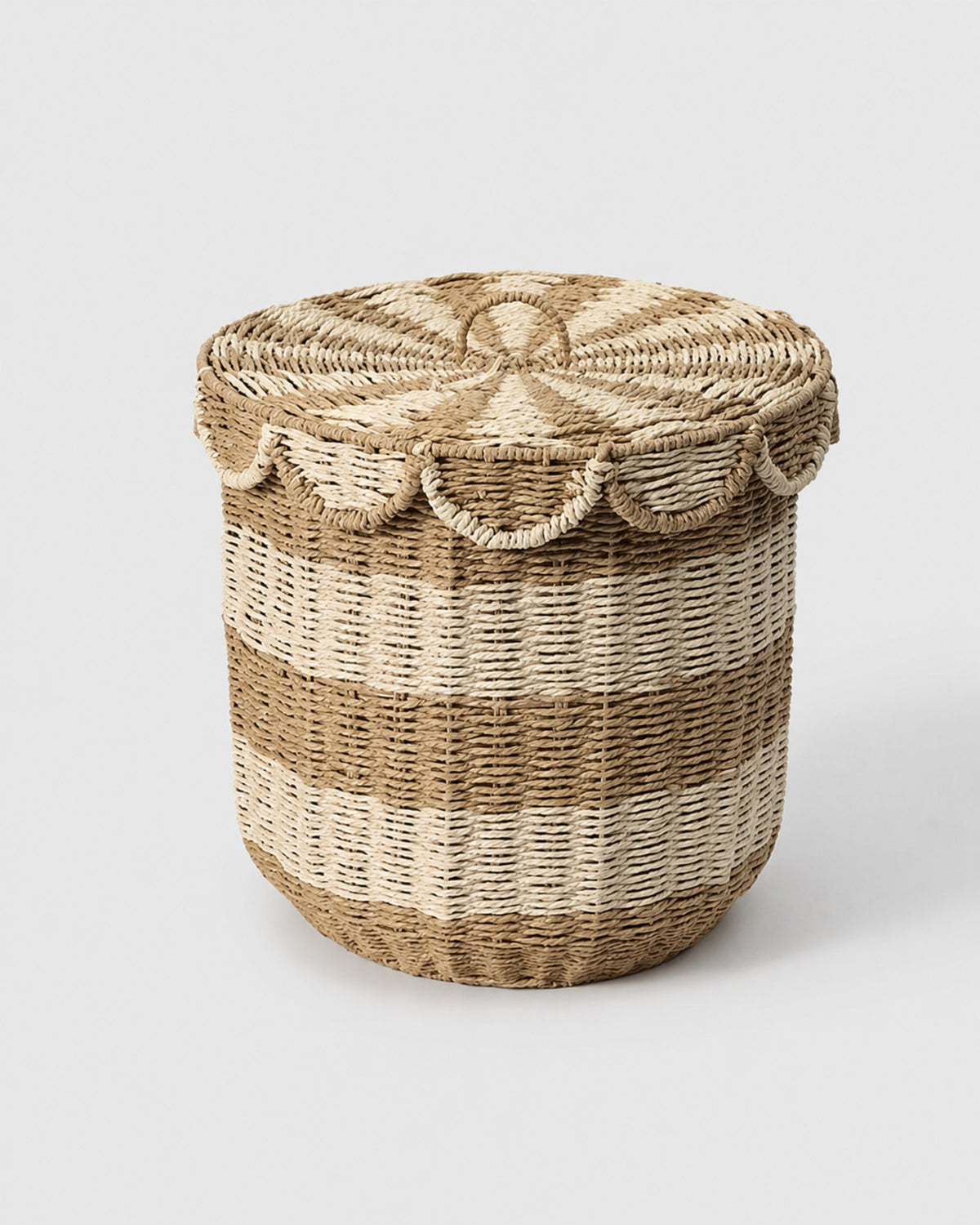Noa handwoven two-tone paper rope laundry hamper with a fitted decorative lid and woven loop handle