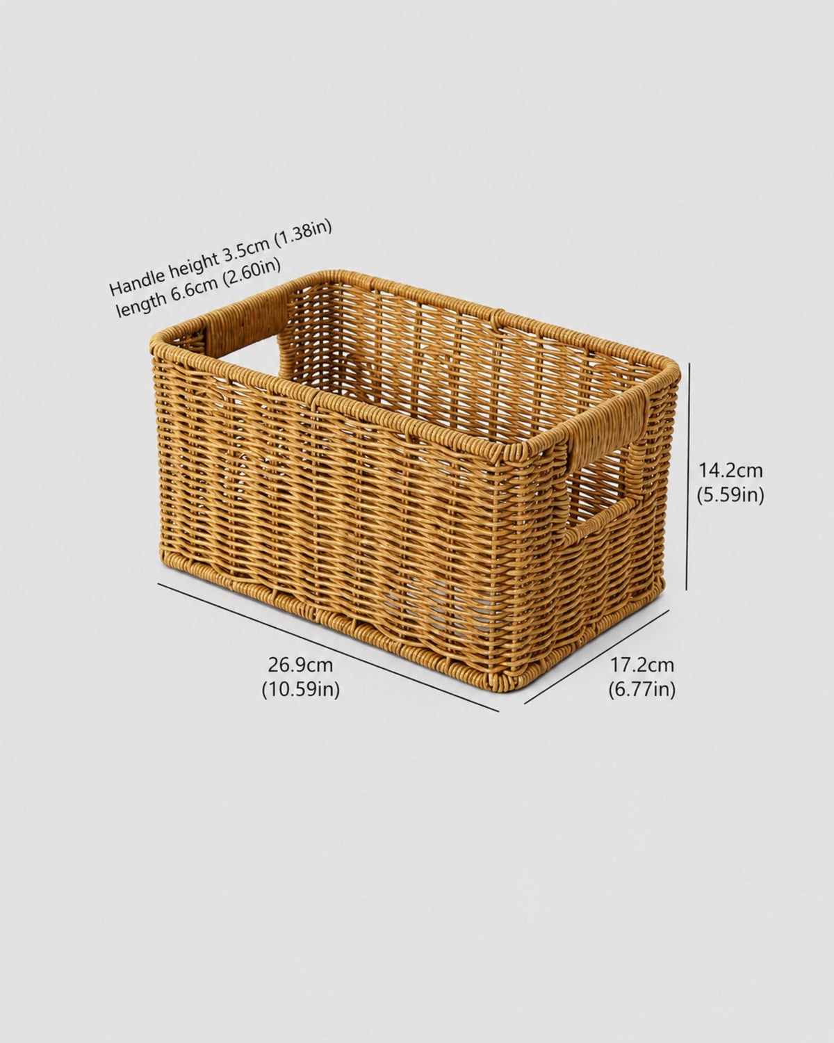 Small Olea faux rattan storage box size guide: 26.9 by 17.2 by 14.2 cm