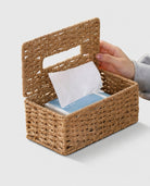 Ragnhild paper rope tissue box cover opened to show lift-top refill access